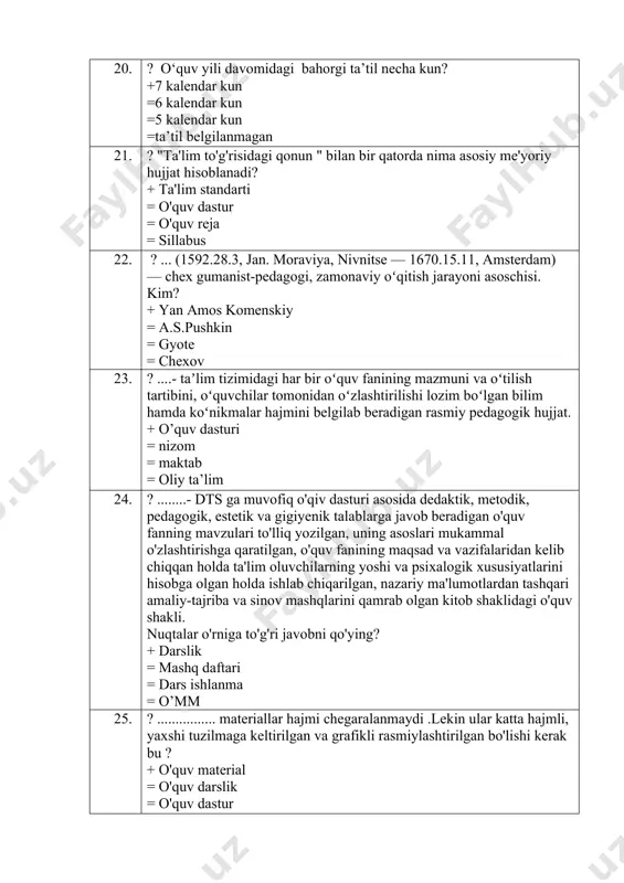 miyat tomonidan tayyorlangan, ajratilgan kishilar yoxud o’qituvchilar, tarbiyachilar tomonidan amalga oshiriladi, turli xildagi o’quv mashg’ulotlari, maxsus o’tkaziladigan bir qator tarbiyaviy tadbirlarni o’z ichiga oladi. ko’pchilik olimlar tarbiya deganda faqat bolaga tarbiya berishni tushunadilar. bu fikr esa, ancha tor tushuncha hisoblanadi. chunki tarbiyaga faqat bolalar emas, balki kattalar ham muhtojdir. hozirgi kunda esa ba’zi yigit - qizlarimiz, shuningdek yoshi kattalar ham odob - axloq qoidalariga zid ishlarni ham amalga oshirayotganini ko’rishimiz mumkin”. bu fikrlar kimga qarashli? + g’oziyev e. = sh.shermatov = a.navoiy = a.avloniy 29. ? “kundalik” platformasi kimlar uchun ishlaydi? + o’qituvchilarga ota-onalarga o’quvchilarga davlat organlariga 30. ? “kundalik” platformasida o’qituvchilar uchun qanday imkoniyatlar bor? + maktab sahifasi, dars jadvali va darslar, elektron jurnal, uy vazifasini boshqarish, hisobotlar = o’quvchining kundaligi, uy vazifalari, muloqot = kundalik daftari, portfolio, muloqot = statistik ma’lumotlarni to’plash, boshqaruv yoki ta’lim bo’limining vakolarxonasi, habardor qilish 31. ? “maktabgacha ta’lim va tarbiya to‘g‘risida”gi qonunning 8-moddasida …