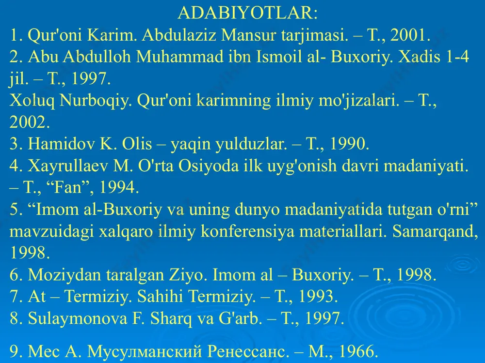 ом абу довуд, исхоқ ибн мусо, маҳмуд ибн ғайлон каби атоқли мухаддислардан илм олиб тажриба ортиради. муҳаммад ат-термизийга унинг устози ва сафдоши имом ал-бухорий катта таъсир ўтказган. бу икки буюк муҳаддиснинг учрашувлари 863-868 йилларда, имом ал-бухорийнинг ўз илмий саёҳатидан қайтиб келиб яшаб дарс бераётган нишопур шаҳрида бўлиб ўтган. муҳаммад ат-термизий ўзининг асосий асари «ал-жомиъ ал-кабир»да имом ал-бухорий билан бўлган суҳбатларни миннатдорчилик билан эсга олади. ат-термизийнинг ўз устози ва сафдошига бўлган чексиз фидоийлиги ҳақида «тазкират ал-хуффоз» («хофизлар ҳақида китоб») асарининг муаллифи шамс ад-дин аз-захаби ўз асарида такидлаб ўтади, у ерда шундай сўзлар келтирилган: «ат-термизий ўзининг устози ал-бухорийнинг ўлимига шунчалик қайғурганки, ҳаттоки кўр бўлиб қолиб, умрининг охиригача шундайлигича яшаган». ат-термизийнинг ҳам кўпгина шогирдлари бўлган. булар макхул ибн ал-фадл, муҳаммад ибн маҳмуд анбар, ҳаммад ибн шокир, абу ибн муҳаммад, хайсам ибн кулайд аш-шоший, аҳмад ибн юсуф ан-насафий, абул аббос мухаммад б. махбуд ал-маҳбубий ва бошқалардир. имом муҳаммад ат-термизийнинг шогирдлари орасида турли мамлакатлар ва …