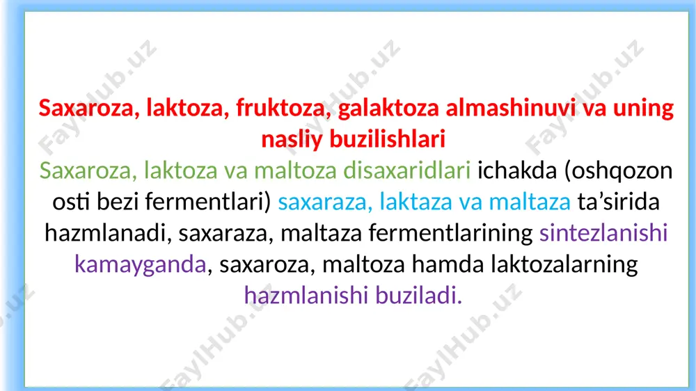ng glyukoza o‘tkazuvchanligini kuchaytiradi uglevodlar almashuvining buzilishi qandli diabet uglevodlar almashuvini regulyatsiyasining buzilishi (insulin gormonining yetmasligi) qandli diabet kasalligini kelib chiqishiga sabab bo ladi. bu vaqtda: giperglikemiya va glikozuriya qondagi qandning miqdori hatto 1000 mg% dan oshib ketishi hamda siydik bilan glyukoza ko‘p miqdorda (bir necha gramm) ajralishi mumkin. atsetonomiya va atsetonuriya qonda atseton, atsetouksus kislotasi, g-oksimoy kislotasining miqdori ortib, hatto siydik orqali ko‘p miqdorda ajraladi. sog`lom organizmda g-oksimoy va atsetosirka kislotalari atsetonga aylanmaydi, balki co2 , h2o ga qadar oksidlanib ketadi. qonning ph 7,0 va hatto kislotali tomonga (normada qonning ph 7,35 - 7,4 bo‘ladi) so‘rilishi yuz berib, bu holatga atsidoz deyiladi. oqsilning to‘qimalarda parchalanishi tezlashib, azot tutuvchi oxirgi moddalar ham siydik bilan ko‘p miqdorda ajraladilar. suv va tuz almashinuvi ham buziladi (67-rasm). qandli diabet kasalligida avvalo: 1.glikogen sintezi pasayadi. hatto toxtashi ham mumkin. 2. glyukoza-6-fosfatning hujayrada miqdori kamayadi, chunki geksokinaza fermentining faolligi pasayib, glyukoza-6-fosfatazaning faolligi oshadi. 3. krebs …