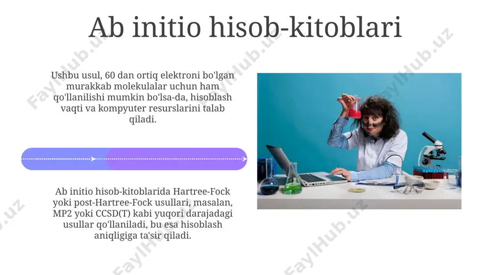 yalarni modellashtirish uchun 1000 dan ortiq atomli tizimlarni simulyatsiya qilish imkonini beradi. molekulyar mexanika va dinamikasi simulyatsiyalari uchun qo'llaniladigan algoritmlar, masalan, mm, md va monte-karlo usullari, 10⁶ dan ortiq zarrachalarni o'z ichiga olgan murakkab tizimlarni modellashtirish uchun ishlatiladi. molekulyar dinamikasi monte-karlo usuli bilan birgalikda ishlatiladigan molekulyar dinamika, muvozanat holatiga erishish vaqtiga 10 baravar tezlashtirib, hisoblash vaqtini sezilarli darajada qisqartirishi mumkin. molekulyar dinamika simulyatsiyasi orqali 1000 dan ortiq atomli tizimlarning harakatini nanosaniyada kuzatish va potensial energiya o'zgarishlarini tahlil qilish mumkin. kimyoviy reaksiyalarni modellashtirish kimyoviy reaksiyalarni modellashtirishda kvant kimyosi usullari, masalan, dft (density functional theory) yordamida molekulalarning elektron tuzilmalari va energiyalarini aniq hisoblash imkonini beradi, bu esa reaksiya mexanizmlarini tushunishga yordam beradi. molekulyar dinamikani simulyatsiya qilish orqali, 10 6 dan ortiq zarrachalarni o'z ichiga olgan murakkab tizimlardagi reaksiyalarni modellashtirish va reaksiya tezligi kabi parametrlarni o'rganish mumkin. molekulyar modellashtirish molekulyar modellashtirish dasturlari, masalan, gaussian yoki gamess, millionlab atomlardan tashkil topgan murakkab molekulalarning xususiyatlarini …