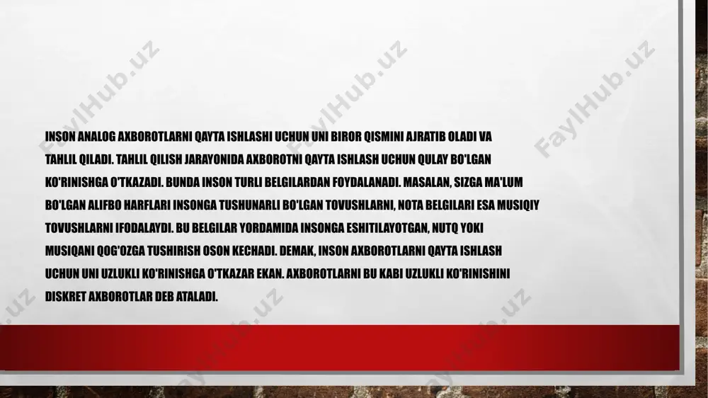gilar: дкои-8, ascii, cp1251, unicode. tarixiy taraqqiyoti davomida belgilarni kodlash uchun sifatli kod uzunligi 8 bit yoki 1 bayt deb belgilangan. shuning uchun kompyuterda saqlanuvchi har bir belgiga bir bayt xotira mos keladi. 0 va 1 ning turli kombinatsiyalari 8 bit kod uzunligida 28=256, shuning uchun bir kodlash jadvali yordamida 256 tadan ko’p bo’lmagan belgilani kodlash mumkin. 2bayt(16 bit) kod uzunligi bilan 65536 ta belgini kodlash mumkin. raqamli axborotni kodlash. raqamli va matnli axborotni kodlashdagi o’xshashlik quyidagilardan iborat: bu turdagi ma’lumotlarni taqqoslash mumkin bo’lganligi uchun, har xil son har xil kodga ega bo’lishi kerak. sonli ma’lumotlarning matnli ma’lumotlardan asosiy afzaligi shundan iboratki, sonlar ustida taqqoslash amalidan tashqari turli-tuman matematik amallarni bajarish mumkin: bo’lish, ko’paytirish, ildi chiqarish , logarifmni hisoblash va h.k. matematikada sonlar ustida bu amallarning bajarilishi qoidalari batafsil ishlab chiqilgan . kompyuterga kiritilgan sonlarning asosiy hisoblash tizimi pozitsion ikkilik tizimidir. matnli axborotlarni kodlash. hozirgi vaqtda foydalanuvchilarning katta qismi kompyuter …