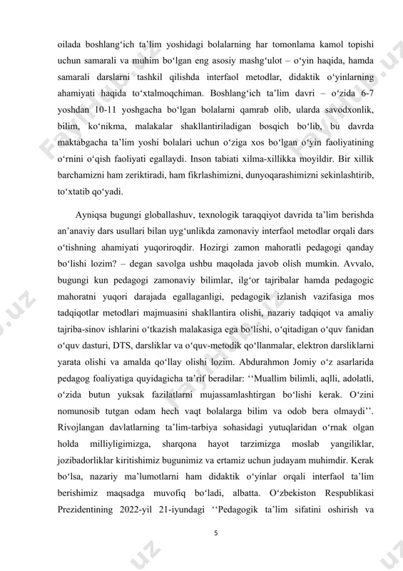 gika sohasida ta’lim, ilm-fan va amaliyot uygʻunligini ta’minlash, oʻquv jarayonini takomillashtirish, yangi pedagogik texnologiyalar va oʻqitish metodlarini joriy etish koʻzda tutilgan.[footnoteref:2] xalq og‘zaki ijodini o‘rganish – xalq tarixi, urf-odati, an’analari, o‘y- kechinmalari, buguni va kelajagini tadqiq etish demakdir. unda millatning o‘zini anglashi, o‘zligini namoyon qilish xislatlari, intilishlari, hayot tarzi, dunyoqarashi aks etgan. [2: mirziyoyev sh.m. buyuk kelajagimizni mard va oliyjanob xalqimiz bilan birga quramiz t.: o‘zbekiston 2017 yil] yurtboshimiz islom karimov ta’kidlaganlaridek: “albatta, har qaysi xalq yoki millatning ma’naviyatini uning tarixi, o‘ziga xos urf-odat va an’analari, hayotiy qadriyatlaridan ayri holda tasavvur etib bo‘lmaydi. bu borada, tabiiyki, ma’naviy meros, madaniy boyliklar, ko‘hna tarixiy yodgorliklar eng muhim omillardan biri bo‘lib xizmat qiladi”.ana shunday yuksak ma’naviyatimizning asosi hisoblangan xalq og‘zaki ijodini tom ma’noda anglash uchun esa uning g‘oyaviy-badiiy va janr xususiyati, poetik strukturasi, tarixiy ildizlari hamda mifologik asoslari atroflicha tadqiq etilishi lozim bo‘ladi. xalq og‘zaki ijodini o‘rganishda bunday kompleks yondoshuv uning jonli og‘zaki …