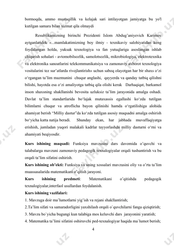 llejlari matematika dasturida funksiya va uning grafigini o’qitilishiga e’tiborni qaratilib, o’quvchilarga ko’rsatilishi kerak bo’lgan funksiyalarning grafiklarida namunalar keltirilgan. i-bob. funsiya tushunchasi 1.1-§. о‘zgaruvchi miqdorning о‘zgarish sohasi tabiat xodisalarini kuzatib tekshirar ekanmiz, amaliy faoliyatimizda kо‘plab fizik miqdorlarga duchor bо‘lamiz, bunday miqdorlarga vaqt, uzunlik, hajm, tezlik, massa, kuch va hokazolar kiradi. turmushda о‘zgarmas miqdorlar ham uchraydi. masalan, aylana uzunligining uning diametriga nisbatini olish mumkin, istalgan aylana uchun bu miqdor о‘zgarmas bо‘lib, u soniga teng. ikkinchi misol: har qanday uchburchakda, uning ichki burchaklari yig‘indisi 1800 ga teng. bunday misollarni kо‘plab kо‘rsatish mumkin. shunday qilib, miqdorlarni о‘zgaruvchi va о‘zgarmas miqdorlarga ajratish mumkin. ta’rif: turli xil son qiymatlari qabul qiladigan miqdorga о‘zgaruvchi miqdor, birgina son qiymat qabul qiladigan miqdorga esa о‘zgarmas miqdor deyiladi. odatda о‘zgarmas miqdorlarni va hokozo, о‘zgaruvchi miqdorlarni esa harflari bilan belgilaydilar. ba’zi bir miqdorlar har qanday sharoitda ham о‘z qiymatini о‘zgartirmaydi, bunday miqdor absolyut о‘zgarmas miqdor deyiladi. bunga misol sifatida yuqorida aytib …