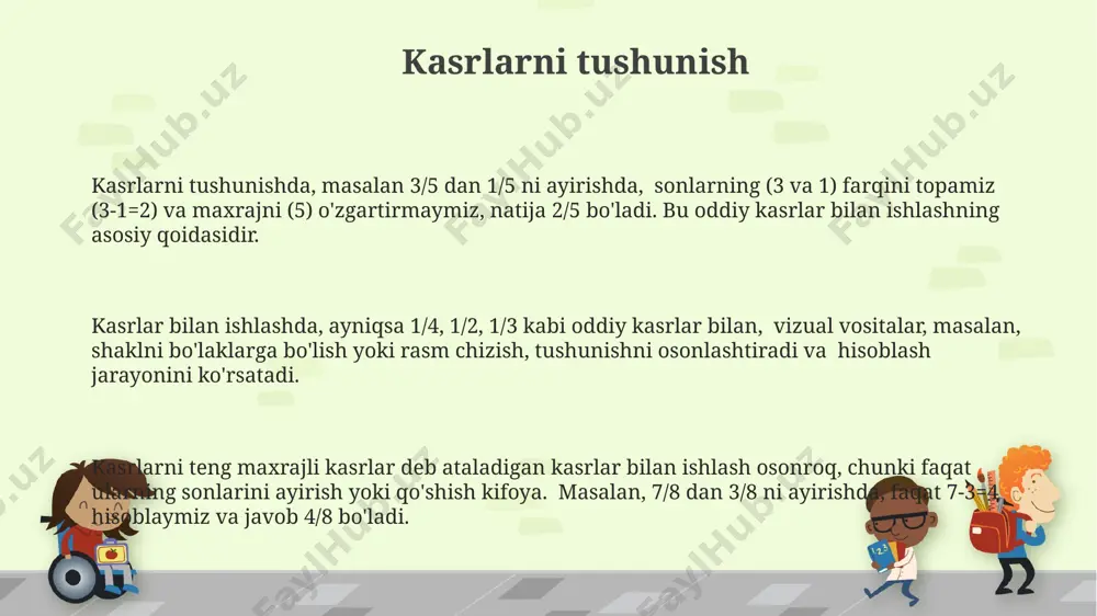 ayirma manfiy boʻlsa, u holda qarzga olish kerak boʻladi. murakkabroq misollar murakkabroq misollar, masalan, 7/8 dan 3/8 ni ayirishni o'z ichiga oladi, bu yerda hosil bo'lgan javob 4/8 ga teng. bunday misollarni yechish uchun, sonlarning kattaligi va ularning teng qismli bo'laklar sonini yaxshi tushunish muhim. murakkabroq misollar 3/5 dan 1/5 ni ayirishni o'z ichiga oladi, bu yerda teng qismli bo'laklar soni 5 ga teng va natijada 2/5 hosil bo'ladi. bunday misollar oddiy misollardan farq qiladi, chunki ular kattaroq sonlarni o'z ichiga oladi. murakkabroq misollar, aytaylik, 12/15 dan 5/15 ni ayirishni o'z ichiga olishi mumkin. bu misollarda, ayirish amalini bajarishdan oldin, kasrlarning qisqartirilishi mumkinligini tekshirish zarur. natijada 7/15 hosil bo'ladi. e'tiboringiz uchun rahmat @taqdimot_robot image1.png