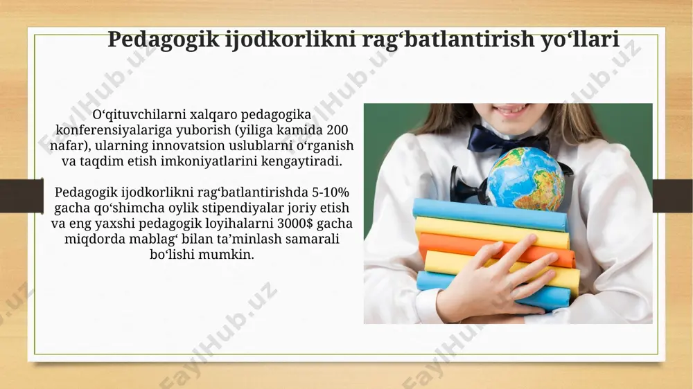 nishishi. pedagogik obrazning tarkibiy elementlariga pedagogning professional kompetensiyasi, 3 ta asosiy bilim sohasi (didaktika, psixologiya, metodika) bo'yicha chuqur bilimlari va 5 ta shaxsiy fazilatlar (sabr-toqat, mehr-oqibat, adolatlilik va h.k.) kiradi. oʻqituvchilarning kasbiy malakasini oshirish pedagogik mahoratni oshirish dasturlari doirasida oʻqituvchilar zamonaviy texnologiyalar, jumladan, onlayn platformalar va ta’lim resurslaridan foydalanish boʻyicha 30 soatlik treninglardan oʻtishdi. oʻqituvchilarning 85% dan ortigʻi yangi pedagogik yondashuvlarni qoʻllash natijasida oʻquvchilarning bilim olish darajasi 15% ga oshganini tasdiqladi. pedagogik ijodkorlikning turlari va usullari pedagogik ijodkorlikning asosiy usullari orasida brainstorming, kooperativ o‘rganish, loyiha usuli va portfel baholash kabi 10 dan ortiq turli xil texnologiyalar qo‘llaniladi. pedagogik ijodkorlikning 3 turi mavjud: innovatsion (yangi pedagogik texnologiyalarni qo‘llash), modifikatsion (mavjud usullarni takomillashtirish) va integratsion (turli fanlarni birlashtirish) yondashuvlar. taʼlim jarayonida axborot-kommunikatsiya texnologiyalaridan foydalanish 2022 yilda joriy etilgan "raqamli o'qituvchi" dasturi 10 000 dan ortiq pedagogga zamonaviy axborot-kommunikatsiya texnologiyalaridan foydalanish bo'yicha treninglar o'tkazdi, pedagogik mahoratni oshirdi. ta'lim jarayonida interfaol o'quv dasturlari va …