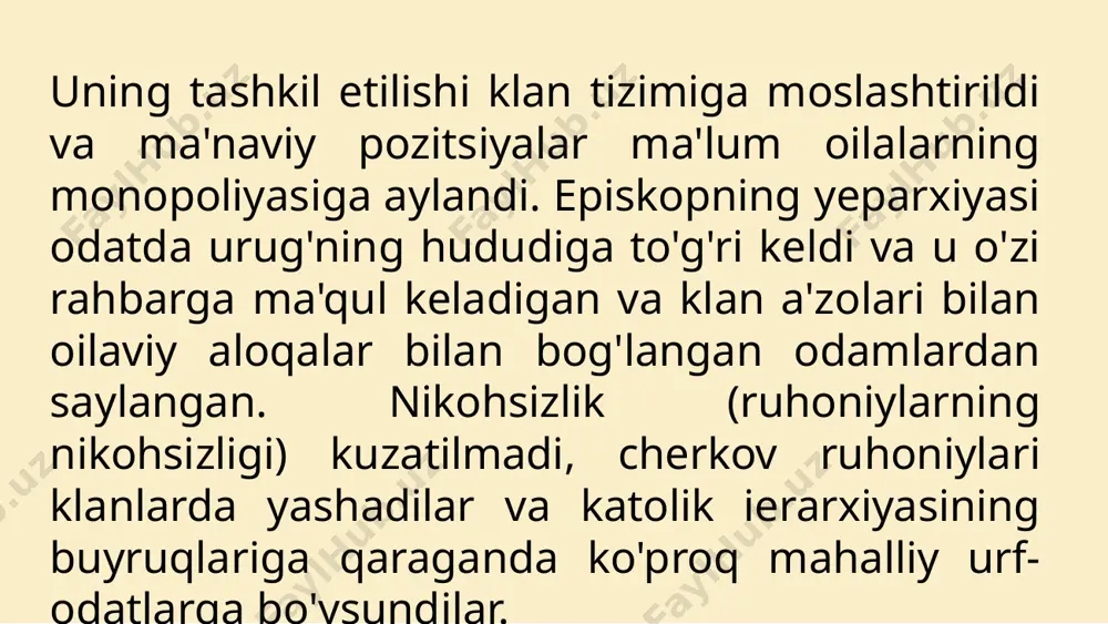 yog'ochdan) qirollik saroyida yig'ilishdi, u erda shohning idish-tovoqlari va qurollari namoyish etilgan edi. ularning yangi xo'jayinining boyligi. irlandiya rahbarlarining genrixga bo'ysunishi uning nazorati ostidagi hududlarda klan tizimining asoslariga ta'sir qilmagan bo'lsa-da, bu ingliz baronlariga irlandiyani yanada zabt etish uchun keng imkoniyatlar ochdi. rahbarlar orasidagi fitna va odamlar ustidan o'zboshimchalik uchun. shubhasiz, genrixning ham o'z hisobi bor edi: uning ustunligini tan olgan rahbarlar baronlarning separatizmiga o'ziga xos muvozanat bo'lishi kerak edi. biroq, papa bilan munosabatlar barqaror emas edi. 1172 yil bahorida ikki papa legati normandiyaga genrixning tomas beketning o'ldirilishidagi ishtiroki ishni tekshirish uchun keldi. bundan xabar topgan geynrix shoshib u yerga bordi. avranchesdagi monastirda legatlar bilan muzokaralardan so'ng u papaga katta miqdorda pul to'lashga va diniy siyosatidan voz kechishga rozi bo'ldi. o'sha yili irlandiyaning keshel shahrida "bosqinchining buyrug'i bilan" irlandiya cherkovining rimga bo'ysunishini yakunlagan sinod yig'ildi. ushbu sinodning farmonlari yig'ilgan prelatlar tomonidan imzolangan, genrix tomonidan tasdiqlangan va papaga yuborilgan. image3.jpeg image4.jpeg …