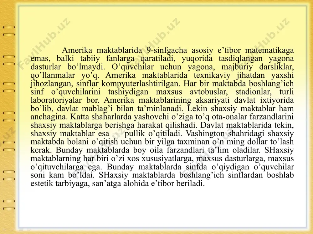 adi. universitetlarga qabul qilish ikki bosqichga bo’linadi: 1-bosqichi turar joyda o’tkaziladi: buning uchun yapon, eski yapon tili, matematika, fizika, ximiya, jamiyatshunoslik, tarix bo’yicha test sinovlaridan o’tadilar. bu sinovlardan o’tgan o’quvchilar universitetlarga yo’llanma oladilar va yana sinovdan o’tadilar. xususiy universitetlarga esa to’g’ridan-to’g’ri test topshiriladi. bir qator xususiy universitetlar o’zining uzluksiz shaxobchasiga esa (bog’chadan boshlab hamma bosqichlarni qamrab oladi). universitetdan talabalarni haydab yuborish mumkin emas. lekin o’qish muddatini cho’zish mumkin (4 yillik o’qish 5-6 yilgacha cho’zilib ketishi mumkin). kollejlar: 1-kichik kollej; 2-texnik kollej 3-maxsus kollejlarga bo’linadi. uni bitirgan talabalar bakalavr diplomini oladi va universitetning 3 yoki 4 kurslariga qabul qilinadi. janubiy koreyada ta’lim tizimi mamlakatda oliy o’quv yurtlarining ishlari yaxshi yo’lga qo’yilgan. koreyada 104 ta oliy o’quv yurti bor, ularning 80 foizi xususiydir. hozir mamlakatda oliy o’quv yurtlarida o’qishga qiziqish juda kuchayib ketgan. har yili maktablarni bitiruvchilarning 40 foizi o’qishga kiradi. talabalar soni bo’yicha koreya dunyoda birinchi o’rinda turadi. lekin maktabgacha ta’lim …
