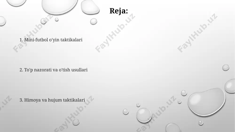 , masalan, o'rta maydonning chap qanotidan darvozaga yaqin tezkor zarba berish mumkin. "tezkor hujumlar" taktikasida, masalan, braziliya uslubidagi dribling va individual mahoratdan foydalanib, 7-10 soniya ichida to'pni qarama-qarshi jamoaning himoya zonasidan o'tib ketishga urinish mumkin. o'yin strategiyasi va rejalashtirish oʻyinning birinchi 10 daqiqasida raqibning zaif tomonlarini aniqlash va 12-raqamli futbolchini bu zaif tomonlarga yoʻnaltirish, shundan keyin esa oʻyinni boshqarish va gol urish uchun pozitsiyalarni oʻzgartirish muhim ahamiyatga ega. qarshi hujumlarni oldini olish uchun, markaziy maydonda 4 nafar futbolchini joylashtirish va ularning orasidagi masofani 5 metrdan oshmaslikka harakat qilish, shuningdek, qanotlardan hujumlarga 2 nafar futbolchini tayyor tutish kerak. mini-futbol oʻyinida 5 nafar himoyachi va 3 nafar hujumchi joylashtirish, raqibning kuchli tomonlarini 7-sonli futbolchining yordamida qoplash va toʻpni tezkor uzatmalar orqali 20 metr masofadan golga yaqinlashtirish samarali boʻlishi mumkin. to'pni nazorat qilish va uni saqlash to'pni nazorat qilish uchun 5 metr radiusdagi hududni o'z nazoratingizda ushlab turish, 2-3 nafar jamoadoshingiz bilan birgalikda …