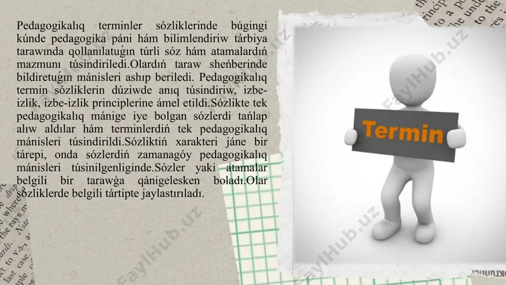 filosofiyasınan rawajlangan. paideia (grekshe "paideia" - tálim, tárbiya). pedagogus (grekshe "pedagogos" - bala tárbiyashısı). ethos (ádep-ikramlı minez-qulıq, ádet). logos (ilahiy hikmet yamasa logika). arab tilinen alınǵan terminler. arab tili de óz waqtında ilim hám bilimlendiriw tarawlarında úlken rol oynagan. ayırım pedagogikalıq terminleri: ilim (bilim) tarbiyah (tarbiya) aqıl (aqıl-oy) pikir (pikir, oylaw) francuz tilinen alınǵan terminler. francuz tili pedagogika hám bilimlendiriw sistemasına tásir kórsetken, ásirese, xviii ásirden baslap. éducation (tárbiya, bilimlendiriw) pédagogue (tarbiyachi, óqituvchi) curriculum (oqiw bagdarlaması) inglis tilinen alınǵan terminler. inglis tili házirgi kúnde bilimlendiriw tarawında keń tarqalgan. ayırım terminler: learning (úyreniw) teaching (oqıtıw) assessment (bahalaw) classroom management (sabaq bólmesin basqarıw) terminlerdiń klassifikaciyaları: pedagogikalıq terminlerdi hár qıylı táreplerine qaray klassifikaciyalaw múmkin. bazı bir tiykargı klassifikaciyalar: pán hám metodologiya boyinsha klassifikaciyalaw: didaktikalıq terminlar:oqiw procesin súwretlewshi atamalar (máselen, didaktika, metodika, oqiw usılları). psixologiyalıq atamalar:jeke rawajlanıw hám psixologiyalıq proceslerge baylanıslı atamalar (mısalı, motivaciya, kognitiv rawajlanıw). sociallıq-pedagogikalıq terminler:bilimlendiriw hám tárbiya procesindegi sociallıq tárepler (máselen, …
