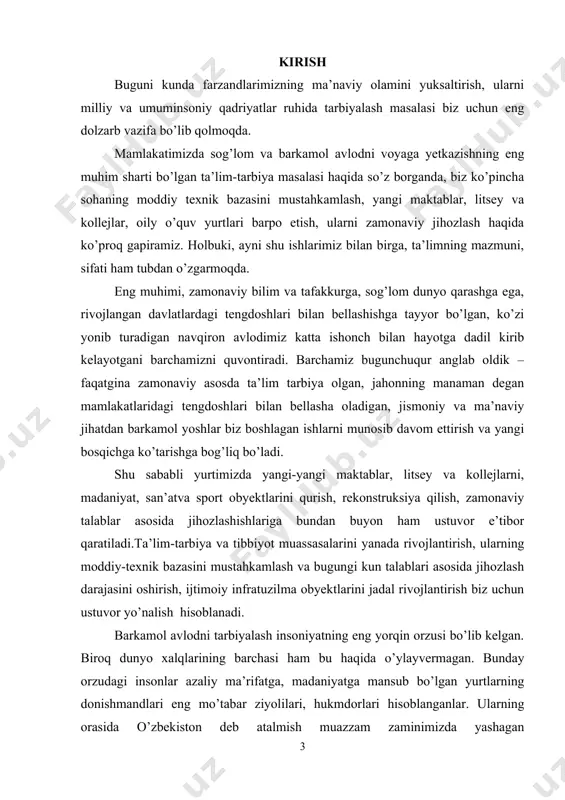 lmog’i darkor. birinchi prezidentimiz islom karimovning o’zbekiston respublikasi konstitutsiyasi qabul qilinganining 21 yilligiga bag’ishlangan tantanali marosimidagi ma’ruzasida quyidagi fikrlar bayon etilgan: “azal-azaldan har qaysi ota-ona o’z bolasining sog’lom va barkamol aql-zakovatli, baxtli bo’lishini istaydi. shunday farzandni voyaga yetkazish, uning hayotda munosib o’rin egallashiga erishish ota-onaning eng ulug’, eng muqaddas orzusi, desak ayni haqiqatni aytgan bo’lamiz. mustaqillikning birinchi yillaridan boshlab yurtimizda sog’lom ona sog’lom bola masalasi davlat siyosatining ustuvor yo’nalishiga aylangani, keng ko’lamli umummilliy dasturlarimiz doirasida amalga oshirilayotgan ulkan ishlarimiz jahon miqyosida ham tan olingani sizlarga yaxshi malum. ayni vaqtda bugungi shiddatli zamon, hayotning o’zi yosh avlod tarbiyasi borasida oldimizga yangi-yangi o’ta muhim va dolzarb vazifalarni qo’ymoqda. mavzuning dolzarbligi. differensial hisob elementlari funksiyaning ma’lum oraliqda o’zgarmas qiymatni saqlashi, o’suvchi yoki kamayuvchi bo’lishi, maksimumva minimum qiymatlarini topish, uning grafigining qavariq yoki botiqligini hamda burilish nuqtalarini aniqlashda muhim ahamiyat kasb etadi. ulardan foydalanish jarayonida turli xil ta’rif, tushuncha va teoremalardan foydalaniladi. kurs ishini …