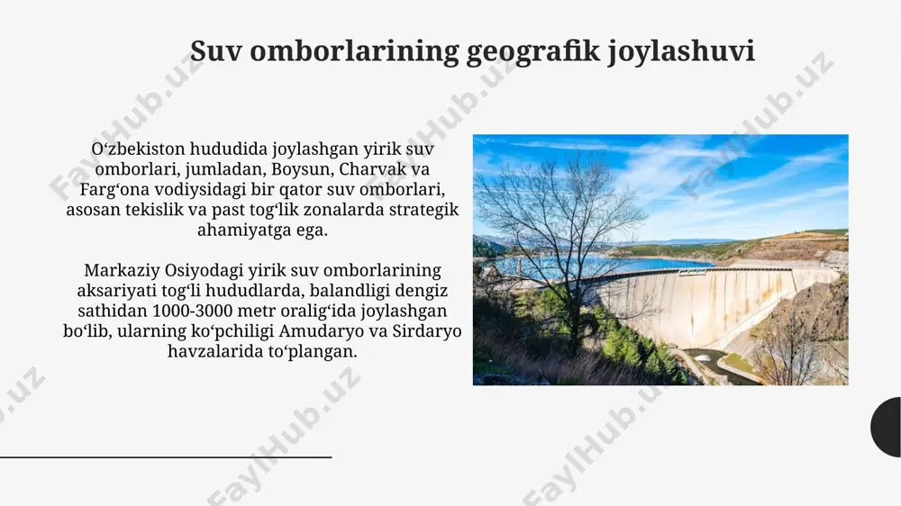 rqali 5-10% gacha suv ta'minotini yaxshilaydi. suv omborlarining sigʻimi va hajmi chortoq suv ombori oʻzining 1,6 kub kilometrlik suv sigʻimiga ega boʻlib, viloyatning qishloq xoʻjaligiga suv bilan taʼminlashda katta ahamiyatga ega. naryn daryosi boʻyida joylashgan suv omborlari, oʻrtacha 5 kub kilometrdan ortiq suv sigʻimiga ega boʻlib, gidroenergetika resurslarini ishlab chiqarishda muhim hissa qoʻshadi. suv omborlaridagi muammolar va ularning yechimlari suv omborlaridagi choʻkindi jinslar miqdori 15-20% ga yetgan, bu ularning sigʻimini kamaytiradi, muntazam tozalash va chuqurlashtirish ishlarini amalga oshirish zarur. suv omborlari atrofidagi yerlarning shoʻrlanishi 5-10% ga oshgan, bu yerning unumdorligini pasaytiradi, tuproqni yaxshilash va irrigatsiya tizimlarini optimallashtirish kerak. e'tiboringiz uchun rahmat @taqdimot_robot image1.jpg image2.jpg image3.jpg image4.jpg image5.jpg image6.jpg image7.jpg image8.jpg image9.jpg image10.jpg image11.jpg image12.jpg image13.jpg image14.jpg image15.jpg image16.jpg