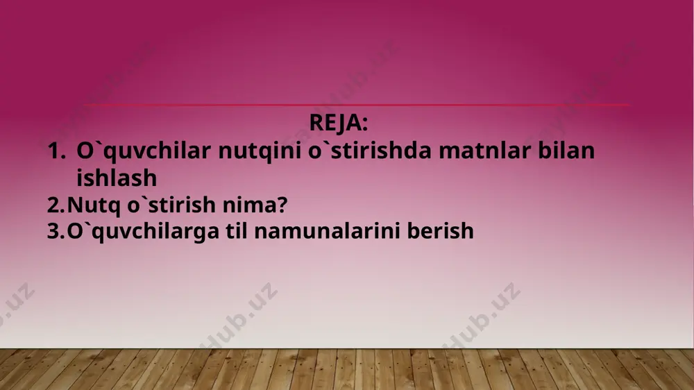 ilishdan oldin u haqida o`ylab olishlari ichki nutq hisoblanadi. ichki nutq eshittirilmagan va yozilmagan “o`ylangan” nutqdir, bu nutq fikrlovchi kishining o`ziga qaratiladi. tashqi nutq tovushlar yordamida eshittirilib yoki grafik belgilar bilan yozilib, boshqalarga qaratilgan nutqdir. o`quvchilar nutqini o`stirishda matnlar bilan ishlash ham katta ahamiyatga egadir. o`qituvchilar tomonidan o`quvchilar yoshiga mos bo`lgan matnlar tanlanadi. tanlangan matnlar qismlarga bo`lib o`qituvchi va o`quvchilar tomonidan sarlavha tanlanadi. shu jarayonda o`quvchilarning tezkor fikrlash, mantiqiy o`ylashi va topqirligi rivojlanib boradi. ularga berilgan matnlar ko`proq hayotiy va tabiatga bog`liq bo`lsa mazmunini tushunishlari oson bo`ladi. o`quvchilar bu kabi jarayonlarda tez-tez ishtirok etsalar ularning nutqida o`sish va rivojlanishni kuzatishimiz mumkin. nutq o`stirish nima? agar o`quvchi va uning tildan bajargan ishlari ko`zda tutilsa, nutq o`stirish deganda tilni har tomonlama (talaffuzi, lug`ati, sintaktik qurilishini, bog`lanishli nutqni) faol amaliy o`zlashtirish tushiniladi. agar o`qituvchi ko`zda tutilsa, nutq o`stirish deganda, o`quvchilarning tilning talaffuzi, lug`ati, sintaktik qurilish va bog`lanishli nutqni faol egallashlariga yordam beradigan metod …