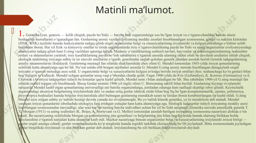 nib, mendel nom i bilan ataladigan boʻldi. shu sababdan 1900-yil g.ning mustaqil fan sifatida tashkil topgan yili hisoblanadi. biroq genlar termini 1906-yil ingliz olimi u. betsonning taklifi bilan berildi. genlarning keyingi rivojlanishi natijasida mendel kashf etgan qonunlarning universalligi uni barcha organizmlarga, jumladan odamga ham taalluqli ekanligi isbot qilindi. keyinchalik organizmdagi aksariyat belgilarning irsiylanishida ikki va undan ortiq genlar ishtirok etishi bilan bogʻliq boʻlgan komplementarlik, epistaz, polimeriya, pleyotropiya hodisalari hamda belgilar irsiylanishida allel bulmagan genlarning murakkab uzaro taʼsiridan iborat kombinirlangan tip kashf etildi. g.ning mendel asos solgan ushbu yoʻnalishi hozirgi davrda yanada tez rivojlanmoqda. bu yoʻnalish klassik genetika, yaʼni mendelizm deb ataladi. mendel yaratgan irsiyat qonunlarini isbotlashda sitologiya fani erishgan yutuqlar ham katta ahamiyatga ega. sitologik tadqiqotlar tufayli irsiyatning moddiy asosi hisoblangan xromosomalar mavjudligi, ular soni har bir turning barcha individlari uchun bir xil boʻlishi aniqlandi. genetika tarixida amerikalik genetik t. x. morgan (1911) va uning xodimlari (k. brijes, a. stertevant …