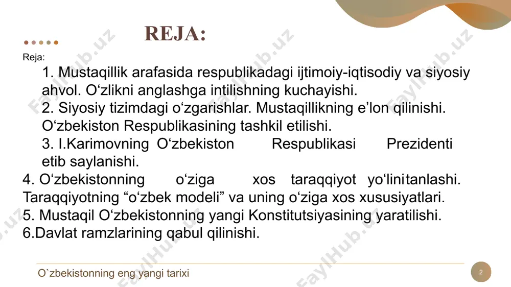 gida o‘zbekistonda navbatdagi oshkora qatag’onga yo‘l ochildi. «paxta ishi», «o‘zbeklar ishi» deb atalgan mash'um siyosat niqobi ostida minglab insonlar jinoiy javobgarlikka tortildi. 1990-yil 13-iyun kuni moskva shahriga o‘zbekistonda tuzilgan komissiya tomonidan yozilgan xatda komissiya xulosasi batafsil ko’rsatildi. bu xatda «paxta ishlari» chuqur tahlil qilinib sudlanganlarni oqlash masalasi qo‘yilgan edi. biroq yuqoridagi tashkilotlar ko’mak o‘rniga tazyiqni kuchaytirdilar. respublika rahbarining qat'iyatli harakati bilan nohaqlik barham topdi. история узбекистана 4 5 история узбекистана 1985-yilning aprel oyida kpss mqning plenumi sovet jamiyatini tubdan qayta qurish, uning barcha sohalarini chuqur isloh qilish yolini e'lon qildi. 1985-1986-yillarda sssrda «mamlakatni ijtimoiy-iqtisodiy rvojlantirishni jadallashtirish» siyosati olib borildi. uning maqsadi - ilm-fan va texnika taraqqiyotidagi yutuqlargan asoslanib ijtimoiy-iqtisodiy hayotni yaxshilash edi. ammo bu siyosatda ilgari surilgan vazifalarni bajarish borasida dastlabki urinishlar jiddiy natija bermadi. 6 6 история узбекистана 80-yillarning oxirlaridan boshlab sobiq ittifoqqa kirgan ko’pgina respublikalar mustaqilligi uchun qat’iy kurashga o‘tdilar. ittifoq shartnomasini yangilab respublikalar huquqini kengaytirishni talab qila …