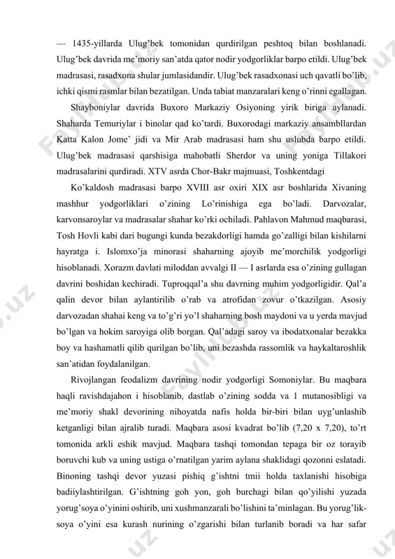 bilan kishilarni hayratga i. islomxo’ja minorasi shaharning ajoyib me’morchilik yodgorligi hisoblanadi. xorazm davlati miloddan avvalgi ii — i asrlarda esa o’zining gullagan davrini boshidan kechiradi. tuproqqal’a shu davrning muhim yodgorligidir. qal’a qalin devor bilan aylantirilib o’rab va atrofidan zovur o’tkazilgan. asosiy darvozadan shahai keng va to’g’ri yo’l shaharning bosh maydoni va u yerda mavjud bo’lgan va hokim saroyiga olib borgan. qal’adagi saroy va ibodatxonalar bezakka boy va hashamatli qilib qurilgan bo’lib, uni bezashda rassomlik va haykaltaroshlik san’atidan foydalanilgan. rivojlangan feodalizm davrining nodir yodgorligi somoniylar. bu maqbara haqli ravishdajahon i hisoblanib, dastlab o’zining sodda va 1 mutanosibligi va me’moriy shakl devorining nihoyatda nafis holda bir-biri bilan uyg’unlashib ketganligi bilan ajralib turadi. maqbara asosi kvadrat bo’lib (7,20 x 7,20), to’rt tomonida arkli eshik mavjud. maqbara tashqi tomondan tepaga bir oz torayib boruvchi kub va uning ustiga o’rnatilgan yarim aylana shaklidagi qozonni eslatadi. binoning tashqi devor yuzasi pishiq g’ishtni tmii holda taxlanishi hisobiga …