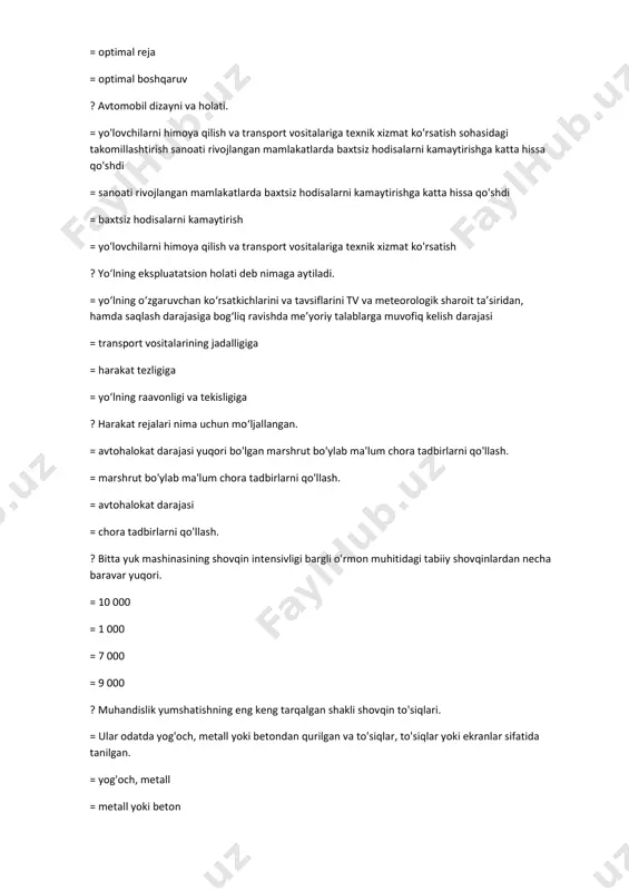o'siqlar, to'siqlar yoki ekranlar sifatida tanilgan. = yog'och, metall = metall yoki beton = to'siqlar yoki ekranlar. ? atmosfera havosini transport vositalari qancha kanserogen moddalar bor. = 200 dan ortiq = 100 dan ortiq = 150 dan ortiq = 170 dan ortiq ? shovqin balandligi natijasida haydovchida ish faoliyati necha % susayadi. = 10-20 % = 5-10 % = 10-15 % = 7-10 % ? respubikamizda atmosferaga chiqarilayotgan zaxarli moddalarning miqdori necha % ni tashkil qiladi. = 61,2% = 60 % = 50 % = 55 % ? atrof-muhitni yaxshilashdan qanday foyda bor. = xarajat-foyda tahlili va ko'p mezonli tahlil infratuzilma loyihalari ta'sirini baholashda eng ko'p qo'llaniladigan usullardir. = atrof-muhitni ushbu vositalarga kiritish hali ham odatiy hol emas = baholashda eng ko'p qo'llaniladigan usul = ko'p mezonli tahlil ? yo‘l harakatini tashkil qilishning asosiy maqsadi deb nimaga aytiladi. = har xil transport vositalarini yuqori tezlik bilan yo‘lning turli bo‘lagidan yilning …