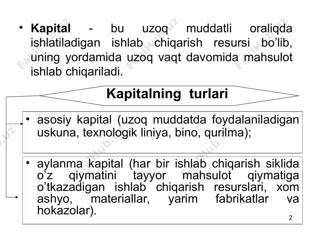 , yalpi va sof investitsiyalash tushuniladi. yalpi investitsiyalash - kapital zahirasining umumiy o’sishidir. qoplash - asosiy kapitalning ishdan chiqqan qismini almashtirish. sof investitsiya - yalpi investitsiyadan qoplash uchun sarflanadigan mablag’ni ajratgandan keyingi qolgan qismi. sof investitsiya = yalpi investitsiya - qoplash. qisqa muddatli loyihalarni (qisqa muddatli investitsiyalarni) tahlil qilganda kapitalning ichki o’zini oqlash koeffisienti r dan va ssuda foizi i dan foydalaniladi. qisqa muddatli oraliqdagi investitsiyalarning (bir yillik oraliqdagi) chekli sof oqlashi ularning chekli ichki oqlash koeffisientidan ssuda stavkasi foizini ayirish orqali aniqlanadi: δr = r - i bu yerda δr - chekli sof qoplash; r - chekli ichki qoplash; i - ssuda stavkasi foizi. agar r = i bo’lsa, investitsiyadan olinadigan foyda maksimal bo’ladi. bir yillik investitsiya qaytimlari do’konlarning sotish quvvati (bir kunlik) kg umumiy inves-tisiya (kapitalmablag’ sarfi), so’m chekli inves-tisiya, so’m kapital-ga to’la-nadigan chekli foiz, so’m chekli sotish xarajat-lari, so’m chekli umumiy xara-jatlar, so’m (mc) inves-tisiyadan olina-digan chekli …