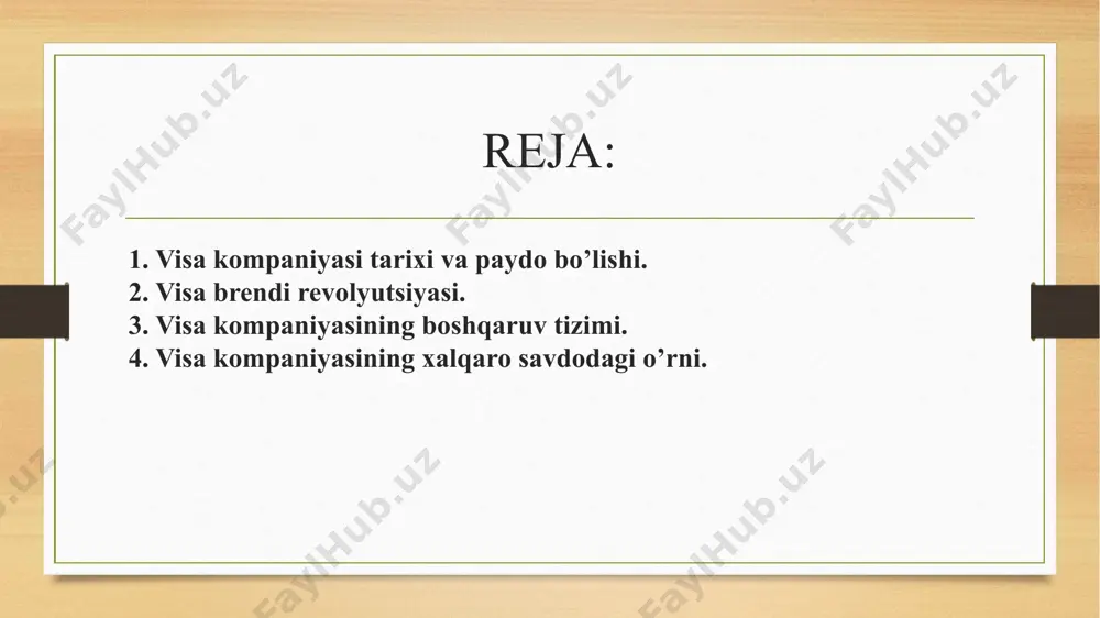 an barcha operasiyalar jamlangan va boshqa banklarga kartalarni chiqarish uchun lisenziyalarni sotishni boshlagan. ikkinchisi karta bilan ishlash standartlari va qoidalariga rioya qilishi kerak edi. oʻz maqomiga koʻra, bu banklar a'zo boʻlgan birlashma edi. "bankamericard" nomi ushbu toʻlov tizimining yanada rivojlanishini cheklashi mumkin. bu nom aqshning sharqiy qirgʻogʻida, kanadada, buyuk britaniyada va meksikada mashhur emas edi. sabablari: unda oʻsha paytdagi dunyodagi eng yirik bank nomi bor edi; qoʻshma shtatlar vetnam urushi tufayli chet elda mashhur emas edi. ushbu mamlakatlarda banklar mahalliy savdo belgilaridan foydalanganlar. shuning uchun quyidagi mezonlarga javob beradigan yanada mos nomni topishga qaror qilindi: qisqa, ud 2007 yil oktyabr oyida visa inc. korporasiya alohida yuridik shaxs sifatida tashkil etilgan va visa u. s. a., visa international, visa canada va inovant kompaniyaning bevosita yoki bilvosita filiallariga aylandi. visa europe filialga aylanmagan, ammo assosiasiyaga a'zo boʻlgan evropa moliya institutlari egalik qiladi va boshqaradi. rossiyada viza tarixi koʻproq qaytib ketadi 30 yil. …