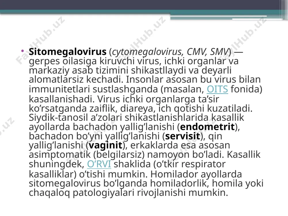 infektsiyasini davolash uchun ishlatiladi. bu gansiklovirga toqat qilmaydigan (masalan allergiya sababli) bemorlar uchun ikkinchi darajali davolanishdir. foskarnet buyraklarga toksik bo’lib, minerallar va elektrolitlarning muvozanati buzilishi tufayli ba’zi buzilishlar keltirib chiqarishi mumkin. sidofovir — gansiklovir va foskarnet bilan davolashda yordam berilmagan bemorlar uchun alternativ terapiya. buyraklar uchun toksikligi tufayli uning qo’llanishi cheklangan. virusdan kelib chiqqan immunitet tanqisligi sindromi (oits) bo’lgan bemorlarda ko’zning smv infektsiyasini (retinit) davolash uchun qo’llaniladi. image2.jpg image3.jpg image4.jfif /docprops/thumbnail.jpeg