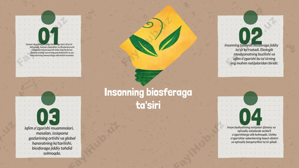 iya manbalari, masalan, quyosh va shamol energiyasi. 01 03 02 04 biosferani muhofaza qilish usullari muhofaza strategiyalari biosferani muhofaza qilish uchun turli strategiyalar mavjud. ular orasida tabiiy resurslarni oqilona boshqarish, biosfera hududlarini muhofaza qilish, barqaror rivojlanish dasturlarini amalga oshirish va atrof-muhitni muhofaza qilish qonunlarini kuchaytirish muhim ahamiyatga ega. ushbu usullar biosferaning integritetini saqlashga yordam beradi va ekologik muvozanatni tiklaydi. ijtimoiy va iqtisodiy jihatdan muhofaza qilish ijtimoiy va iqtisodiy jihatdan biosferani muhofaza qilish uchun ko'plab yondashuvlar mavjud. masalan, atrof-muhitni muhofaza qilish bo'yicha ijtimoiy dasturlar va iqtisodiy rag'batlar, masalan, ekologik toza texnologiyalarni joriy etish va barqaror qishloq xo'jaligini rivojlantirish orqali amalga oshiriladi. bularning barchasi biosferani saqlash va kelajak avlodlarga yetkazishda muhim ahamiyatga ega. biosferaning kelajagi va inson faoliyati kelajakdagi tahdidlar iqlim o'zgarishi va inson faoliyati biosferaga tahdid solmoqda. global haroratning oshishi va resurslarning kamayishi insoniyatning kelajagi va biosferaning barqarorligi uchun xavfdir. ushbu jarayonlar biologik xilma-xillikni yo'qotishga sabab bo'ladi. yashil texnologiyalar yashil texnologiyalar …