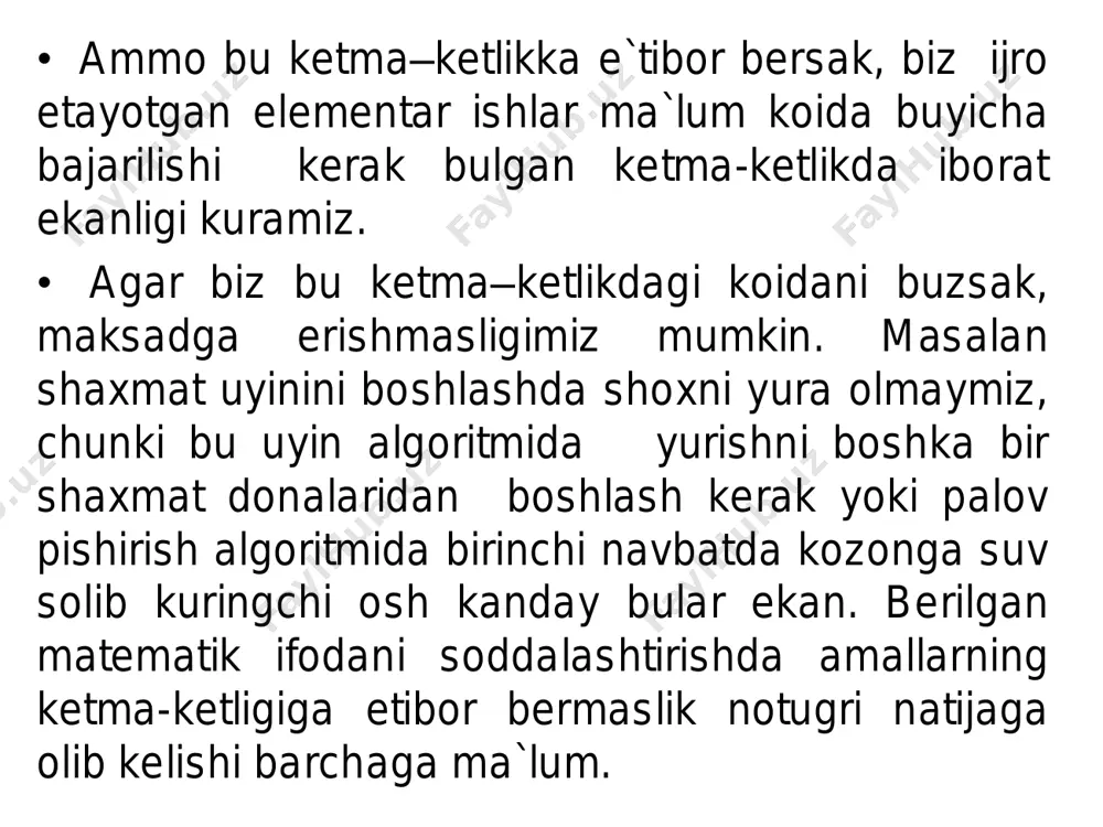 ichiga tamom yoki qisqacha tam. so’zlari yozib qo’yiladi. 2. blok - sxemalarda ma`lumotlarni kiritish blokining umumiy kurinishi parallelogramm kurinishida bulishi mumkin. керакли маълумотларни киритиш ва чикариш блоки. kaysi uzgaruvchilarning kiymatlarini kiritish kerak bulsa, shu uzgaruvchilarning nomlari blokning ichiga yozib kuyiladi. bu blok bitta kirish va bitta chikish kursatkichiga ega. 3. amallarni bajaruvchi blokning kurinishi tugri turtburchak shaklida buladi. bu kurinishdagi blok chizikli blok xam deyiladi. bajarilishi kerak bulgan ish blokning ichiga yozib kuyiladi. blokning ichida bir kancha formulalar xam bulishi mumkin. blokdan chikish uchun blok ichidagi xamma buyruklarni bajarish lozim. bu bloklar xam bitta kirish va bitta chikish kursatkichiga ega. - xisoblash va ta`minlash bloki. • 4. shartlarni tekshirish yoki tarmoklanuvchi blokning kurinishi romb shaklida buladi. bunday bloklar shartli bloklar bulib, ulardan tarmoklanuvchi jarayonlarning algoritmini yozishda foydalaniladi. tekshirilayotgan shart blok ichiga yozib kuyiladi va shartning bajarilishiga karab (xa yoki yuk) biror kursatkich yunalishi buyicha yuriladi, ya`ni tarmoklanadi. - шартни текширувчи …