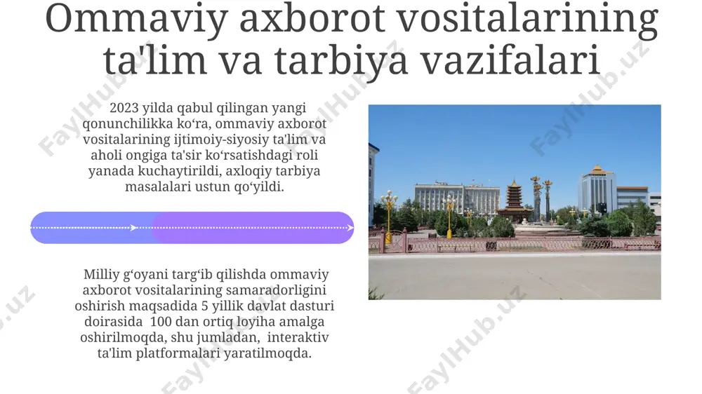 bekiston respublikasidagi ommaviy axborot vositalarining tarixiy rivojlanishi mustaqillikdan keyin, 1990-yillardan boshlab, ommaviy axborot vositalarining xilma-xilligi sezilarli darajada oshdi, yangi telekanallar va gazetalar paydo boʻldi, shu bilan birga internetning rivojlanishi yangi imkoniyatlar ochdi. oʻzbekiston respublikasida 1920-yillarda bosma nashrlar soni keskin oshdi, bu esa milliy tilga asoslangan matbuotning rivojlanishiga turtki boʻldi. ommaviy axborot vositalari va jamoatchilik fikri mamlakatdagi 100 dan ortiq telekanal va radiostansiyalarining aksariyati davlat nazorati ostida bo‘lib, ularning dasturlari jamoatchilik fikriga sezilarli ta’sir ko‘rsatadi. o‘zbekistonda 2023-yilda o‘tkazilgan so‘rovnomalar shuni ko‘rsatdiki, ommaviy axborot vositalarining ishonchlilik reytingi 60% atrofida. bu raqam ijtimoiy tarmoqlar ta’siriga qaramasdan, ancha yuqori. internet va ijtimoiy tarmoqlar ijtimoiy tarmoqlardagi axborot tarqalish tezligi va kengligi, rasmiy ommaviy axborot vositalariga nisbatan ancha yuqori boʻlib, "digital gap" muammosini keltirib chiqarmoqda. yoshlar orasida telegram, instagram va tiktok kabi platformalarning mashhurligi 80% dan yuqori boʻlib, ularning siyosiy va ijtimoiy fikrlar shakllanishiga ta'siri juda katta. e'tiboringiz uchun rahmat @taqdimot_robot image4.jpg image5.jpg image6.jpg image7.jpg image8.jpg …