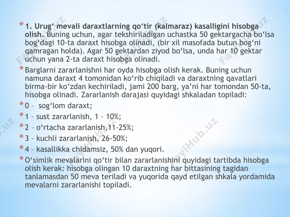ing uchun qo‘tir kasalligini hisobga olishda qo‘llanilgan daraxtlardan foydalanish mumkin. lekin hisobga olish kasallik eng kuchli rivojlangan vaqtda o‘tkazilishi kerak. zararlanish darajasini aniqlashda qo‘tir kasalligida ko‘rsatilgan shkaladan foydalanish maqsadga muvofiqdir. 4. urug‘ mevali daraxtlarning zang kasalligini hisobga olish. ushbu kasallikni hisobga olishda yuqorida qayd etilgan (qo‘tir, un shudring) usullardan va hisobga olingan daraxtlardan foydalanish kerak. urug‘ mevali daraxtlar kasalliklarini tarqalishi quyidagi formuladan aniqlash mumkin: a ∙ 100 r = n bu yerda r – kasallikning tarqalishi, %; n – o‘simliklarning umumiy soni; a – kasallangan o‘simliklarning soni. xo‘jalik, tuman miqyosida kasallikni tarqalishi quyidagi formuladan topiladi: ∑ s ∙ p rs = s bu yerda rs – kasallikning tarqalishi, % ∑ sp – bog‘larning umumiy maydoni ko‘paytirilgan kasallik tarqalishining foiziga; s – tekshirilgan bog‘larning umumiy maydoni. kasallikning rivojlanishi quyidagi formula yordamida aniqlanadi: ∑ (a ∙ v) x 100 r = nk bu yerda r – kasallikni rivojlanishi, %; ∑ (a∙v) – …