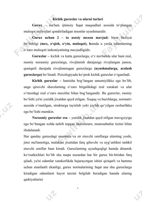 lashtiruvchi funksiya? b) instrumental ya'ni aniq mexnat faoliyatini amalga oshirishga imkon beruvchi muxit? v) ekspressiv ya'ni odamlar o‘zlarini tan olishlari, xurmatga sazovor bo‘lishi, ishonch qozonishni ta'minlash g) qo‘llab quvvatlash ya'ni qiyin paytlarda muammolar paydo bo‘lganda, odamlarni birlashtirish funksiyasi har bir gurux o‘ziga xos tizimiga ega. uni tashkil etuvchi elementlar nisbatan barqaror bo‘lib, ular gurux a'zolari xulq – atvorini muvofiqlashtirib turadi. avvalo guruxlarning maqsadni ajratish kerak. maqsad odamlarni jamoa mehnati atrofida uyushtirib birlashtiruvchi faqat elementdir. guruxlarning avtonomliligi darajasi ham ma'lum axamiyatga ega omil, chunki har bir a'zo umumiy maqsad olamda birlashgan baxosi ham, ulardan har birining o‘z burch va vazifalari bor. hamda har bir odam o‘z imkoniyatlarini o‘zicha ishga solib, o‘zaro munosobotlarga sabab bo‘ladi. guruxlardan psixologik tizimiga ta'sir etuvchi omillarga ulardan yoshi jinsi, ma'lumoti, malakasi jixatidan farq qiluvchi va uyg‘unlikni tashkil etuvchi omillar ham kiradi. guruxlarning uyushqoqligi ham dinamik ko‘rsatkichlardan bo‘lib nuqtai nazardan har bir gurux bir – biridan farq qiladi, …