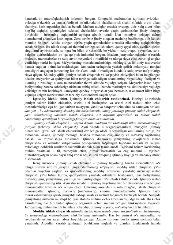 d qarashlaridan farq qiladi, chunki u jamiyatdagi o‘zgarishlarni inobatga olgan. jamiyatni to‘liq va to‘liqsizga ajratar ekan, forobiy shahar to‘liq jamiyatning birinchi bosqichidir deb e'tirof etadi. platon va aristotel esa to‘liq jamiyatni shahar bilan chegaralaganlar va shahar insoniyat jamiyati takomilining oxirgi darajasi, jamoaviy baxt saodatning bosh markazi deb ta'kidlaganlar. forobiy esa, butun dunyodagi jamiyat haqida fikr yuritib, uning xukmdori qandaydir alohida olingan xalq, qavm yoki jamoa boshlig‘i emas, balki butun madaniy dunyodir deb ta'kidlaydi va bu fikri bilan yunon faylasuflaridan ilgarilab ketadi. [1: 11 forobiy fozil shahar aholisi.-t.: sharq, 1999. –b.82-83] [2: 22 forobiy fozil shahar aholisi.-t.: sharq, 1999.-b..69] madaniy-tarixiy tiplar tushunchasi sotsiologiyaga n.ya.danilevskiy tomonidan kiritilgan bo‘lib, u tarixni «o‘ziga xos sivilizatsiyalar»ning o‘zaro munosabatlari sifatida tasavvur qilgan. bu sivilizatsiyalarning rivojlanishi etnik guruhlarning til jihatidan birligi va sivilizatsiyani tashkil etadigan xalqlarning siyosiy mustaqilligi; (ular bir tipning asoslarini boshqa tipga o‘tkazmaydilar, lekin boshqa o‘tmishdagi va hozirgi sivilizatsiyalar ta'sirini his qiladilar); barcha sivilizatsiyalarning etnik …
