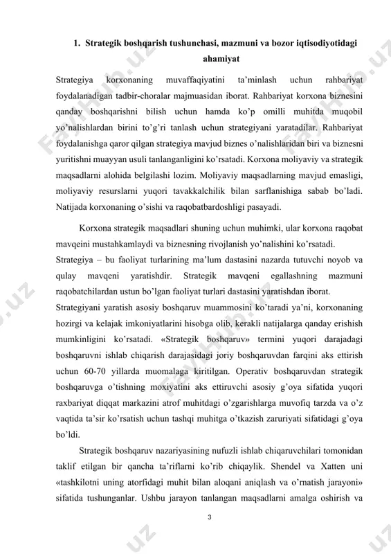 shaklda namoyon bo’ldi. birinchidan, tashkilotlar o’z faoliyatini atrof muhit umuman o’zgarmaydi yoki unda katta o’zgarishlar bo’lmaydi degan taxmindan kelib chiqqan xolda rejalashtiradilar. nostrategik boshqaruvda ham hozirda, ham kelajakda aniq harakatlar rejasi tuziladi. nimaki va qachon qilishni o’z ichiga olgan uzoq muddatli rejalarni tuzish va dastlabki davrda kelgusi yillar uchun yechim izlash, «ko’p uzoq yillarga» sotib olish bularning barchasi nostrategik boshqaruvning belgilaridir. uzoq muddatli istiqbolni qurish-boshqaruvning juda muhim tarkibiy kismidir. strategik boshqaruv xolatida tashkilot atrof muhit va tashkilot hayotining sharoitlari o’zgarishidan kelib chiqqan holda kelajakda ko’zda tutish maqsadlarga erishish uchun har bir hozirgi lahzada u aynan hozirgi paytda nima strategik boshqaruvda kelajakdan turib hozirgi paytga nazar tashlanadi. tashkilotga ma’lum kelajakni ta’minlovchi hozirgi davrdagi tashkilot harakatlari aniqlanadi va amalga oshiriladi. bunda strategik boshqaruv uchun shu narsa ham xarakterliki, nafaqat kelajakda korxonaning ko’zda tutilgan xolati qayd qilinadi, balki shu ham strategik boshqaruvning eng muhim vazifalaridan hisoblanadi, ko’zda tutilgan maqsadlarga erishish imkoniyatini beruvchi atrofdagi …