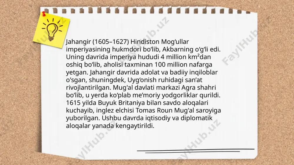 qonlar), va shudralar (xizmatkorlar) mavjud edi. shuningdek, ushbu davrda musulmon hukmdorlar, jumladan mo'g'ul imperiyasi, katta ta'sir ko'rsatdi. mo'g'ul hukumati ostida, ijtimoiy tuzilma yanada boyib, farmoyish va oqligu davlat vazifalarini bajargan turli lavozimlar mavjud edi. shahar va qishloqlar o'rtasida iqtisodiy va ijtimoiy tafovutlar mavjud bo'lib, qishloq joylarda dehqonlar asosiy ijtimoiy qatlamni tashkil etardi. ... t.me/slaydai_bot 13. boburiy hukmdorlar va ularning harbiy yutuqlari. boburiylar sulolasi 1526 yilda bobur tomonidan hindistonda asos solingan. bobur panipat jangida (1526) sulton ibrohim lo'dini mag'lub etib dehli sultonligini zabt etdi. humoyun (1530-1540, 1555-1556) davlatni saqlash uchun bir qancha janglarda qatnashdi, ammo sher shoh suri tomonidan vaqtincha mag'lubiyatga uchradi. akbar (1556-1605) davrida imperiya hindistonning katta qismini egalladi, xususan, 1556 yilda panipatda vikramaditiyani mag'lub etdi va 1599 yilda ahmednagarni qo'lga kiritdi. jahongir (1605-1627) va shoh jahon (1628-1658) davrlarida hududiy kengayish davom etdi. avrangzeb (1658-1707) dehli hukmronligini yana kengaytirdi, dekan va janubiy hindistonda g'alaba qozondi. 16 17 asrlarda hindiston tayorladi: …