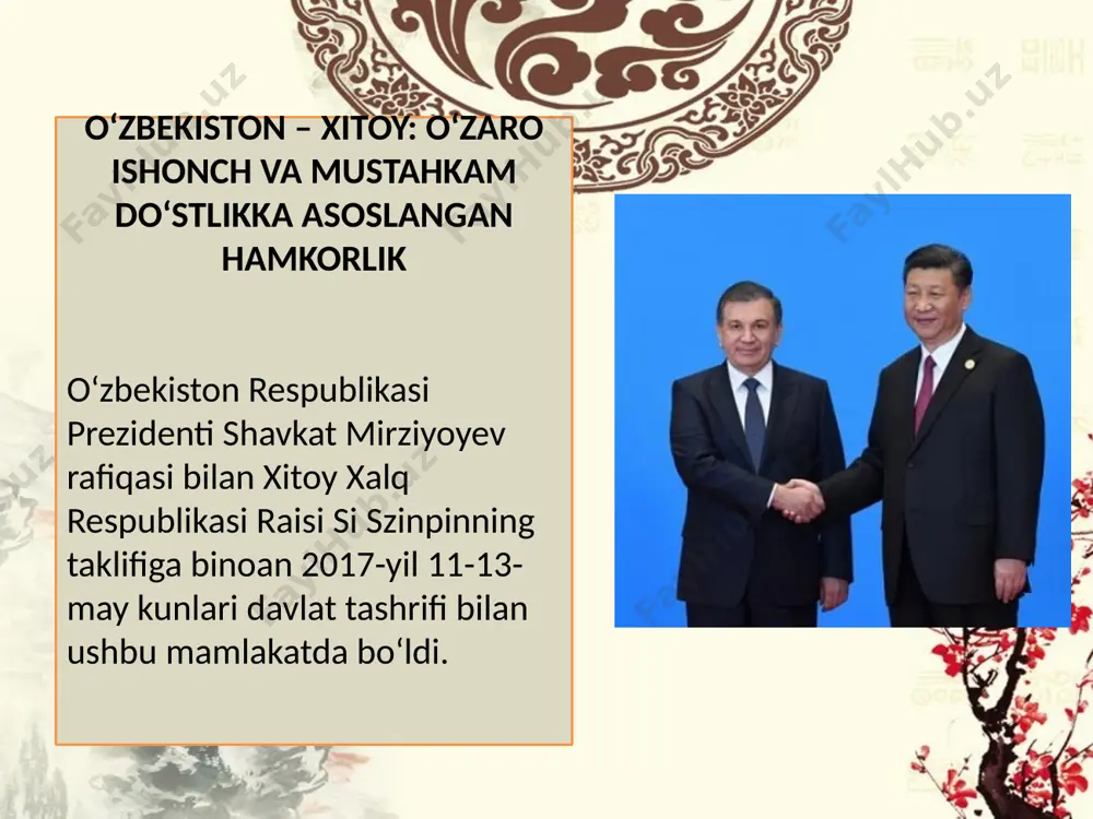 va mavjudlarini modernizatsiya qilishga qaratilgan istiqbolli loyihalarni amalga oshirish zarurligi qayd etildi. o'z spp ga xitoy xalq respublikasi sindao shahri xalq xukumati kanselyariyasi direktori o'rinbosari van sinchun boshchiligida delegatsiyasi tashrifi amalga oshirildi 21-24 oktyabr kunlari o'zbekistonga xitoy xalq respublikasi sindao shahri xalq xukumati kanselyariyasi direktori o'rinbosari van sinchun boshchiligida delegatsiyasi tashrifi amalga oshirildi. tashrif doirasida 23 oktyabr kuni o'zbekiston savdo-sanoat palatasida mazkur delegatsiya vakillari bilan a.ikramov hamda rais o'rinbosari i.jasimov ishtrokida uchrashuv tashkil etildi. mazkur uchrashuvdan ko'zlangan asosiy maqsad xitoy xalq respublikasi prezidenti si szinpinning yangi tashabbusi bo'lgan “sindao shahrida xitoy-shht savdo-iqtisodiy hamkorlik mintaqalararo xududi”ni tashkil etish masalalarini muhokama qilishdan iborat. o'zbekiston va xitoy o'rtasidagi hamkorlik aloqalari kundan kunga rivojlanib bormoqda. ma'lumki, o'zbekiston respublikasi prezidentining xitoy xalq respublikasiga qilgan davlat tashrifida amalga oshirilgan muzokaralarda o'zaro hamda ko'p tomonlama munosabatlarni yanada mustahkamlashga oid masalalar muhokama qilingandi. o'zbekiston savdo-sanoat palatasida raisi a.ikramov, mehmonlarga o'zbekistonda amalga oshirilayotgan ishlar haqida hamda o'zbekiston savdo-sanoat palatasining …