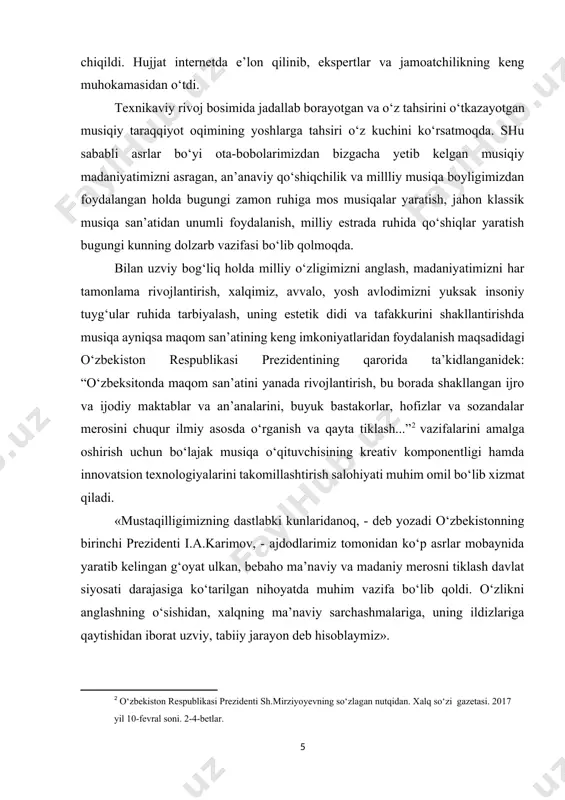 amdir. ikkinchi tomondan, xalqimizning insoniyat madaniy taraqqiyoti tarixida tutgan o‘rnini, jahon ma’naviy xazinasiga qo‘shgan hissasini, ulug‘ ajdodlarimiz yaratgan madaniyat va san’at boyliklarini, musiqiy madaniyatning kelajak avlodga o‘z holicha yetkazish, bugungi kunda ushbu ma’naviy boyliklarni istiqlol mafkurasi manfaatlari yo‘lida xizmat qildirish va yosh avlodni shu ruhda tarbiyalash barcha mahnaviyat ahlining muqaddas burchidir. bu yo‘lda sobitqadamlik bilan ijod qilish taqozo qilinadi. kurs ishi mavzuning dolzarbligi mavzuning dolazarbligi shundaki, musiqa o‘qituvchisi bo‘lib yetishar ekanmiz yevropa mumtoz musiqa haqida va ularni yaratgan kampazitorlar haqida chuqurroq o‘rganib, uni yosh avlodga samarali uslub va vositalar bilan yetkazish. kurs ishi mavzusining maqsadi. mavzuni o‘rganishdan maqsad yosh avlodga o‘zbek musiqa madaniyatimiz tarixini, chrt el musiqa merosimiz darg‘alarining fikrlari , asarlari bilan tanishish, an’anaviy va xalq qo‘shiqchiligi tarixini qirralari bilan tanishib ilmiylik darajalarini topib targ‘ib etish. kurs ishining obyekti. musorgskiyning musiqa asarlaridan parchalar chalish va ular haqida o‘rgatishning texnologiya hamda usullarini ishlab chiqish. kurs ishi mazvusining tuzilish xajmi: kirish, …