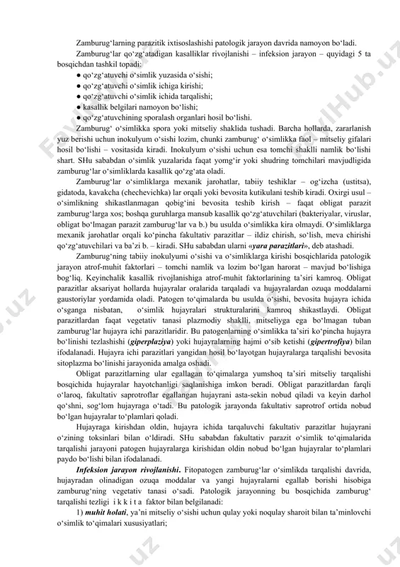 obligat saprotroflar va fakultativ parazitlarning haqiqiy parazitizmga qarab yo‘nalgan evolyusiyasi hozirgi kunda ham davom etmoqda. demak, o‘simliklarda yangi kasallik paydo bo‘lishi har doim yana bitta saprotrof tirik o‘simlik hisobiga hayot kechiradigan parazitga aylanishi bilan bog‘liqdir. zamburug‘lar fitopatogen organizmlarning nekrotroflardan biotroflargacha bo‘lgan barcha shakllari mavjud bo‘lgan yagona guruhidir. parazitik ixtisoslashish guruhlari bo‘yicha fitopatogen zamburug‘lar fakultativ parazitlar, fakultativ saprotroflar va obligat parazitlarga bo‘linadi. fakultativ parazitlar guruhiga mansub zamburug‘larning aksariyati tuproqda hayot kechiradi. bu patogenlarning keng ixtisoslashganligi, ular deyarli barcha qishloq xo‘jalik ekinlarini zararlash imkonini beradi. obligat parazit zamburug‘larga zang, qorakuya, un-shudring va har xil shishlar – kartoshka raki, karam kilasi kabi qishloq xo‘jalik ekinlarining o‘ta zararli kasalliklari qo‘zg‘atuvchilari kiradi. ular tor ixtisoslashgan va ko‘pchiligining ekinlarning muayyan navlarini zararlashga ixtisoslashgan fiziologik irqlari mavjud. sporalash organlari o‘simlikning er usti yuzalarida hosil bo‘ladigan barcha obligat parazitlar bir mavsumda bir necha avlod spora beradi. ularning sporalari uzoq masofalarga shamol bilan tarqaladi. shu sababdan obligat parazitlar va …