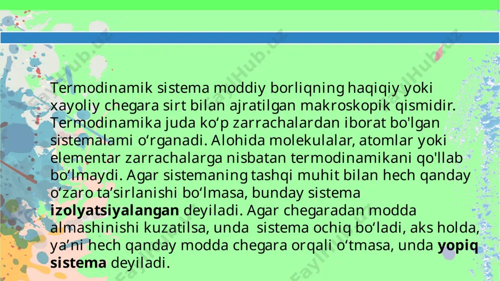 rligi joul deb qabul qilingan. 1 kal.=4,1875 j teng bo‘lib issiqlikning mexanik ekvivalenti deyiladi. part 01 issiqlik - moddaning harorati, massasi va tabiatiga bog‘liq bo‘lgan kattalik bo‘lib, alohida zarrachaning kinetik energiyasini belgilaydi. sistemaga issiqlik berilganda, molekulalarning o‘rtacha kinetik energiyasi ortishi hisobiga, sistemaning harorati ortadi. demak, issiqlik energiya uzatishning bir turidir. sistemaga berilgan issiqlik har doim ham haroratni oshirmaydi. masalan, muz suyuqlanayotganda yoki suv qaynayotganda sistemaga issiqlik berish haroratni o'zgartirmaydi va jarayon doimiy haroratda boradi, bunda sistemadagi molekulalaming o‘rtacha kinetik energiyasi o‘zgarmasdan faqat potensial energiyasi ortadi. ushbu issiqlik muzning kristall panjarasini buzishga yoki suvni bug’lantirish jarayoniga sarflanadi (eski adabiyotlarda “yashirin issiqlik” deb atalgan). part 01 i.3. termodinamikaning birinchi qonuni. termodinamikaning birinchi qonuni massalar saqlanish qonunidan kelib chiqadi. bu qonunni umumiy tarzda 1748-yilda m.v.lomonosov tomonidan ta’riflangan. massalar saqlanish qonuniga binoan «tabiatning barcha hodisalarida energiya yo'qolib ketmaydi va yo‘q narsadan bor bo'lmaydi, u faqat bir shakldan boshqa shaklga qat’iy ekvivalent tarzda o ‘tishi …