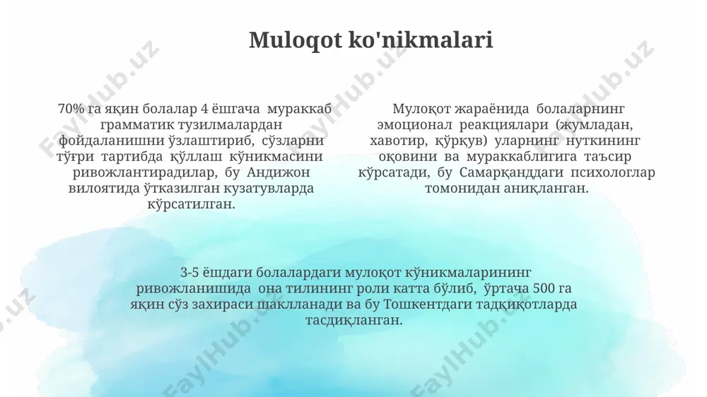 iallar, masalan, toshlar, tayoqchalar yordamida amalga oshirilib, ularning ijodkorligi va muammo yechish qobiliyatlarini rivojlantiradi. toshkentdagi tadqiqotlar shuni ko'rsatdiki, 6 yoshga yaqin bolalarning o'yin faoliyatida rollarni taqsimlash, ijtimoiy munosabatlarni modellashtirish kabi murakkab jarayonlar kuzatilib, bu ularning ijtimoiy-emotsional rivojlanishining muhim ko'rsatkichidir. erta bolalik davri psixikasining individual farqlari erta bolalik davrida, 2-3 yoshgacha bo'lgan bolalarning 70%ida o'ziga xos qo'rqinchlar kuzatiladi, masalan, qorong'ulikdan yoki begona odamlardan qo'rqish, bu esa individual psixik rivojlanishning xususiyatlaridan biridir. samarqand viloyatida o'tkazilgan eksperimentlarda, 6 yoshli bolalarning 15%ida o'ziga xos ijodiy qobiliyatlarning yuqori darajasi aniqlangan, bu esa individual ijtimoiy-emotsional rivojlanishning o'ziga xos xususiyatlarini namoyish etadi. toshkent shahridagi tadqiqotlar shuni ko'rsatdiki, 4-5 yoshli bolalarning 30%ida e'tiborning tarqalishi kuzatilib, bu esa o'quv jarayoniga ta'sir ko'rsatadi va individual aqliy salohiyatning farqini aks ettiradi. shaxsiyatning shakllanishi 3-7 ёшгача бўлган болаларда ўз-ўзини англаш жараёни шакллана бошлайди, бу даврда ўз исмини, жинсини ва ёшини билиш билан бирга, ўз имкониятлари ва чегараларини англаш ҳам муҳим аҳамият касб …
