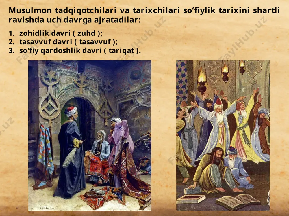 tasavvuf ilmi tasavvuf maxsus, irratsional islom ilmi bo‘lib, uni empirik tajribalar yoki mantiqiy isbotlar bilan anglab bo‘lmaydi. tasavvuf aqidalarini insonning qalbi va qalbi anglab, iymon bilan qabul qilishi kerak. shu boisdan ham so‘fiyning ma’naviy kamolot yo‘li ustozga to‘la bo‘ysunish va uning barcha ko‘rsatmalariga amal qilishdan iboratdir. tasavvuf, boshqa barcha islom fanlari singari, qur'oni karim va muhammad payg'ambar va uning birinchi sahobalarining sunnatlarida manbalarga ega . samo ( sema ) so'fiylik marosimi bo'lib, zikrning bir turidir. u qoʻshiq aytish, cholgʻu asboblari chalish, raqsga tushish, sheʼr va duolar oʻqish, ramziy maʼnoga ega liboslar kiyish va hokazolarni oʻz ichiga oladi. ayniqsa, hindiston yarimorolidagi chishti soʻfiy tariqatida ibodat turi sifatida mashhur. 2005-yilda yunesko “mavleviy marosimi sama”ni og‘zaki va nomoddiy madaniy merosning durdona asari deb e’lon qildi . islom (arabcha: ạlạ̉slạm‎, al-islom , “[xudoning irodasiga] bo'ysunish”) muhammad alayhissalomni payg'ambar, allohning butun insoniyat uchun elchisi deb tan olgan yakkaxudolik dinidir. islom tarafdorlari musulmonlar deb ataladi (arabcha …
