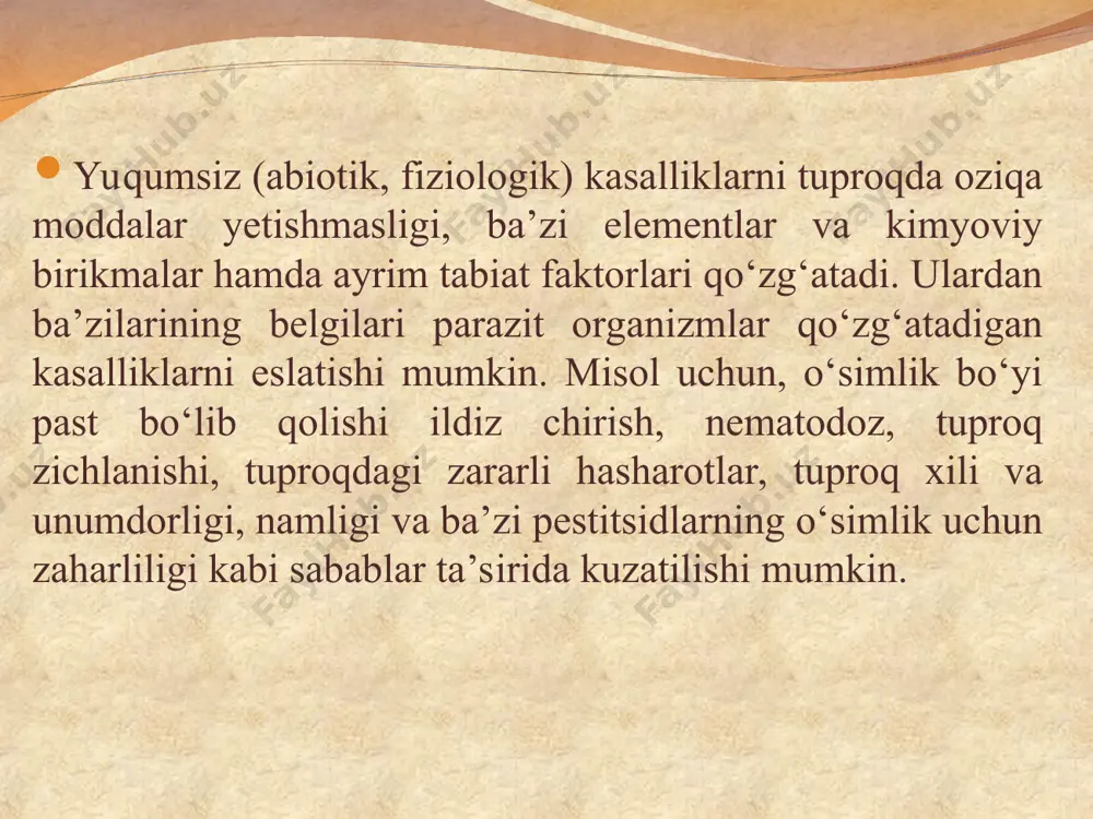 tomp va b.q.) oshiqcha me’yorda yoki noto‘g‘ri chuqurlikda, ob-havo salqin paytda qo‘llanilganda chigit unib chiqishi va o‘sishini sekinlashtiradi, o‘simlik yon ildizlari rivojlanmaydi, bo‘yi pasayadi, nihol kasalliklari kuchayadi, ekin siyrak bo‘lib qoladi. pendimetalin g‘o‘za poyasida halqa hosil qiladi. poya mo‘rt bo‘lib qoladi, ekin yotib qolishi va poya sinishiga sabab bo‘ladi. o‘rni almashgan mochevina. chigit unib chiqishidan oldin qo‘llaniladigan diuron, fluometuron (kotoran va b.q.) xamda triazinlar (prometrin, gezagard, sianazin, propazin va b.q.) noto‘g‘ri yoki yuqori me’yorda ishlatilganda o‘simlik bo‘yi pasayishi, urug‘barg va chin barglar sarg‘ayishi yoki oqarishi, nihollar nobud bo‘lishi kuzatilishi mumkin. metanarsenatlar. salomalaykum, g‘o‘zatikan va ba’zi boshqa begona o‘tlarga qarshi kurashda tarkibida margimush mavjud bo‘lgan metanasenatlar (target msma va b.q.) noto‘g‘ri purkalganda o‘simlik barglari qizg‘ish tus olishi, chetlari qurishi, nimjon o‘simliklar nobud bo‘lishi, qolganlari kech yetilishi, ko‘saklar shakli buzilishi va hosil pasayishi kuzatiladi. fenoksi va benzoik gerbitsidlardan 2,4-d, dikamba (banvel) qo‘shni dalalarda qo‘llanilganda shamol bilan yoki sepgich va mexanizmlar qismlari vositasida …