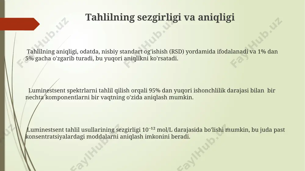 ig'ida sodir bo'ladigan tezkor lyuminestsensiya jarayonlarini o'lchash imkonini beradi va shu orqali material tuzilmasining xususiyatlarini tavsiflaydi. rentgen lyuminestsensiya spektroskopiyasi, elementlarning konsentratsiyasini 1 ppm gacha aniqlashga imkon beruvchi yuqori sezuvchanlikka ega bo'lgan keng qo'llaniladigan tahlil usulidir. rentgen lyuminestsensiyasi, 10-30 kv energiyali rentgen nurlari bilan qo'zg'atilgan lyuminestsensiyani o'rganadi va materialning kristall panjarasidagi nuqsonlarni aniqlashda qo'llaniladi. lyuminestsent tahlilning qo’llanilishi tibbiyotda lyuminestsent tahlil usullari, hujayra biologiya tadqiqotlarida va diagnostikada, masalan, 5-10 nanometrli zarrachalarni aniqlashda qo'llaniladi. lyuminestsent tahlil, 100 dan ortiq turdagi organik va noorganik moddalarni aniqlashda ishlatiladi, bu esa uni kimyo va biologiya sohalarida keng qo'llanilishini ta'minlaydi. lyuminestsent spektroskopiya yordamida, 1 ppm dan past konsentratsiyadagi ifloslantiruvchi moddalarni aniqlash mumkin, bu esa yuqori sezgirlikni ta'minlaydi. lyuminestsent spektroskopiyasi lyuminestsent spektroskopiyasi, moddaning elektron qo'zg'alish holatidan asosiy holatiga qaytish jarayonida chiqaradigan nurlanishni 300-800 nm oralig'ida o'rganadi va turli kimyoviy birikmalarni aniqlashda qo'llaniladi. lyuminestsent spektroskopiyasida turli xil qo'zg'alish manbalari, masalan, uv-nurlanish yoki lazerlar qo'llaniladi va o'lchangan spektrlar moddaning kimyoviy …