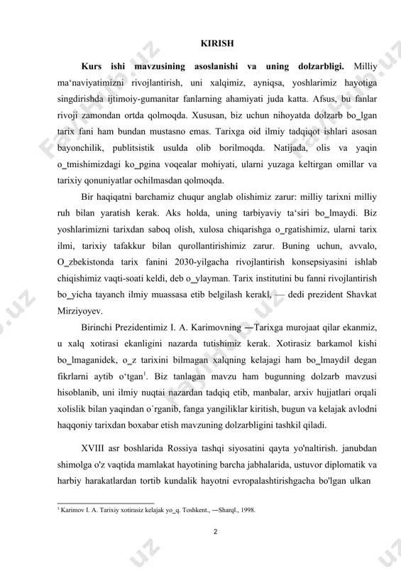 bligini tashkil qiladi. xviii asr boshlarida rossiya tashqi siyosatini qayta yo'naltirish. janubdan shimolga o'z vaqtida mamlakat hayotining barcha jabhalarida, ustuvor diplomatik va harbiy harakatlardan tortib kundalik hayotni evropalashtirishgacha bo'lgan ulkan 1 karimov i. a. tarixiy xotirasiz kelajak yo‗q. toshkent., ―sharq‖., 1998. o'zgarishlarga to'g'ri keldi. shvetsiya bilan urushga tayyorgarlik chuqur siyosiy va ijtimoiy-iqtisodiy islohotlarga turtki bo'lib xizmat qildi, bu pirovardida buyuk pyotr davrining qiyofasini belgilab berdi. ba'zi islohotlar yillar davom etdi, boshqalari shoshqaloqlik bilan. ammo umuman olganda, ular "pyotrning o'zi yozganidek, dunyodagi hech kimga javob bermasligi kerak bo'lgan avtokratik monarx" boshchiligidagi o'ta markazlashgan absolyutistik davlat tizimiga aylandi. o'zgarishlar podshohning qonun hujjatlari bilan rasmiylashtirildi va ularning soni xviii asrning birinchi choragida sodir bo'ldi. 2,5 mingdan ortiqni tashkil etdi. tadqiqotning ob’ekti. rossiya imperiyasi tarixida jiddiy iz qoldirgan pyotr i faoliyatining muhim faktlarini batafsil ko'rib chiqamiz. pyotr i davrida rossiyadagi islohotlar va imperiyaning rivojlanishi o‘rganildi. tadqiqotning predmeti. kurs ishining maqsadi pyotr i ning tashqi …