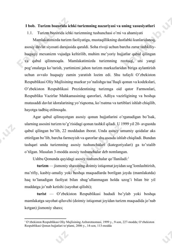 ylantirish uchun avvalo huquqiy zamin yaratish lozim edi. shu tufayli o’zbekiston respublikasi oliy majlisining mazkur yo’nalishga taa’lluqli qonun va kodekslari, o’zbekiston respublikasi prezidentining turizmga oid qator farmonlari, respublika vazirlar mahkamasining qarorlari, adliya vazirligining va boshqa mutasaddi davlat idoralarining yo’riqnoma, ko’rsatma va tartiblari ishlab chiqilib, hayotga tadbiq etilmoqda. agar qabul qilinayotgan asosiy qonun hujjatlarini o’rganadigan bo’lsak, ularning asosini turizm to’g’risidagi qonun tashkil qiladi. u 1999 yil 20- avgustda qabul qilingan bo’lib, 22 moddadan iborat. unda asosiy umumiy qoidalar aks ettirilgan bo’lib, barcha farmoyish va qarorlar shu asosda ishlab chiqiladi. bundan tashqari unda turizmning asosiy tushunchalari (kategoriyalari) ga to’xtalib o’tilgan. masalan 3-modda asosiy tushunchalar deb nomlangan. ushbu qonunda quyidagi asosiy tushunchalar qo’llaniladi:[footnoteref:1] [1: o‘zbekiston respublikasi oliy majlisining axborotnomasi, 1999 y., 9-son, 227-modda; o‘zbekiston respublikasi qonun hujjatlari to‘plami, 2006 y., 14-son, 113-modda] [спит: 1.туризм / туризм] turizm — jismoniy shaxsning doimiy istiqomat joyidan sog’lomlashtirish, ma’rifiy, kasbiy-amaliy yoki boshqa maqsadlarda borilgan joyda (mamlakatda) haq …