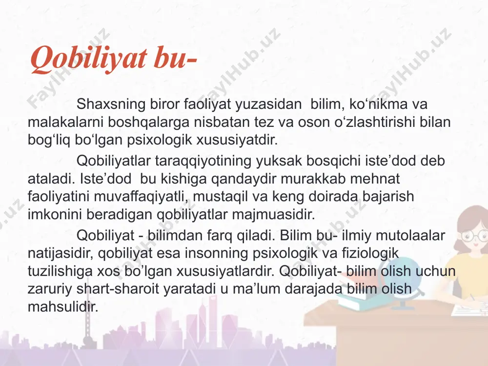i o’z fanini va boshqa fanlarni chuqur bilishida va o’zlashtirishda namoyon etishidir. 3. pеrsеptiv qobiliyat qisqa daqiqalarda auditoriya holatini idrok qila olish fazilati ya’ni tashqi olamni va muhitni sezish, idrok etish ya’ni kuzatishda muhim ahamiyatga ega. o’qituvchi o’quvchining psixologiyasini va psixik holatini o’ziga singdirib idrok etadi. 4. kommunikativ , nutqiy qobiliyat ixcham, ma'noli, ohangdor, muayyan ritm chastotaga ega bo‘lgan nutq, nutqning jarangdorligi, uning pauza, mantiqiy urg‘uga rioya qilishi o’qituvchining pedagogik jamoa va ota- onalar bilan o’zaro muloqotga kirishishida muhim bo’lib, bunda o’qituvchi muomala madaniyatini muntazam o’zida singdirib shakllantirib borishi lozim. 5. tashkilotchilik qobiliyati sinf guruhi yoki kursni uyushtirish va uni boshqarish istе'dodi ya’ni sinf o’quvchilarining o’qituvchi tomonidan turli jamoat ishlariga va to’garaklarga jalb qila olishida namoyon bo’ladi. 6. psixologik tashxis (diagnoz) qobiliyati insonning kеlajagini oqilona tasavvur qilish bashorati tarbiyalanuvchilar- da qanday fazilatlar- ni taraqqiy ettirish lozimligini oldindan aytib bera olishidir. 7. diqqatni taqsimlash qobiliyati (bir nеcha ob'еktlarga bir vaqtning o‘zida …