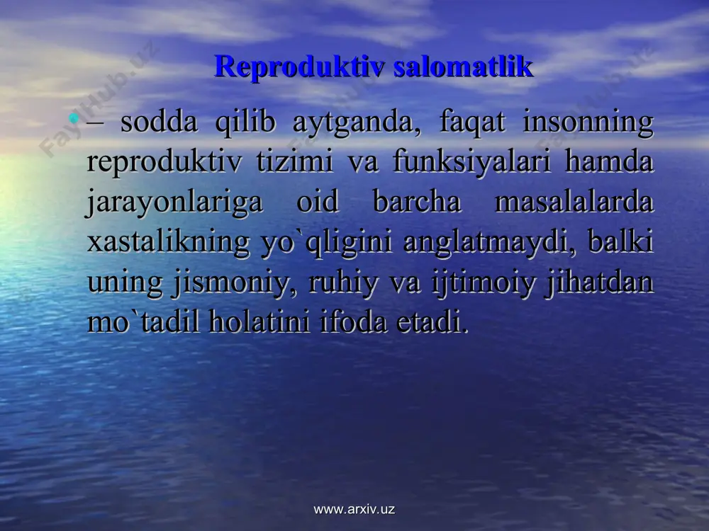 lar uchun 17 yosh belgilangan. turmush qurish yoshi www.arxiv.uz www.arxiv.uz prezidentimizning 2009 yil 13 fevraldagi “ona va bola salomatligini muhofaza qilish va sog`lom avlodni shakllantirishga doir qo`shimcha chora tadbirlar to`g`risida”gi qarori; 2009 yil 1 iyuldagi “2009 – 2013 yilllarda aholining reproduktiv salomatligini mustahkamlash, sog`lom bola tug`ilishi, jismoniy va ma`naviy barkamol avlodni voyaga yetkazish borasidagi ishlarni yanada kuchaytirish va samaradorligini oshirish chora-tadbirlari dasturi to`g`risida”gi qarori. sog`lom avlodni shakllantirishga oid davlat tadbirlari. www.arxiv.uz www.arxiv.uz jinsiy еtilish davrida salomatlikni muhofaza qilish asoslari. kata yoshdagilar orasida chеkish va alkogolizmga ko`nikish bilan bog`liq muammolarni tarqalishi. bеtartib ovqatlanish ruhiy nostabillik , nеvroz, psixosomatik buzilishlar. ishtaxa yo`qolishi, kamqonlik, ko`p ovqat еb qo`yish. xavfsiz bo`lmagan sеksual aloqa, homiladorlik. ayol hayotidagi turli davrlarda salomatlikni muhofaza qilish asoslari. www.arxiv.uz www.arxiv.uz sog`liqni himoyalash bo`yicha vazifalar kasaliklar profilaktikasi, sog`liqni himoyalash va yaxshilash. jinsiy yo`z orqali yuquvchi kasalliklar (vich) tug`ruqni nazorat qilish. istalgan sondagi bolalar va rеal holat bilan mos kеlishi. kеch turmush …