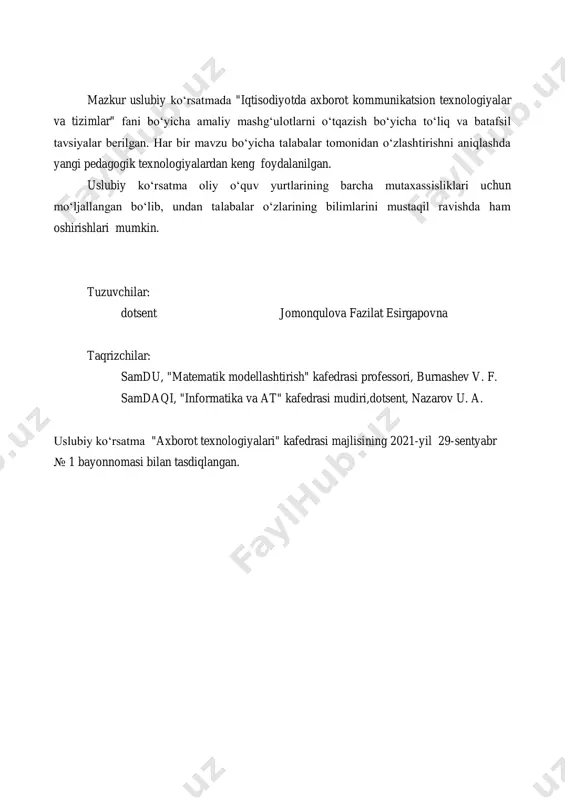 ulanish usullari ................................................................................................. 9 protokollar, mijozlar va serverlar. ................................................................................................. 11 internet xizmatlari ......................................................................................................................... 11 telnet .................................................................................................................................... 11 ftp ....................................................................................................................................... 12 elektron pochta (e - mail) ..................................................................................................... 13 e-mail: outlook express mijozi ............................................................................................. 13 usenet - elektron teleanjumanlar xizmati ............................................................................... 14 gopher .................................................................................................................................. 14 world wide web (www, 3w) .................................................................................................... 15 turfa muhit (multimedia) ............................................................................................................. 15 gipermatn, gipermedia. html tili. ............................................................................................... 15 web brauzerlari............................................................................................................................. 17 tcp/ip protokoli (uzatishni boshqarish ......................................................................................... 17 amaliy mashg„ulot uchun topshiriq ................................................................................