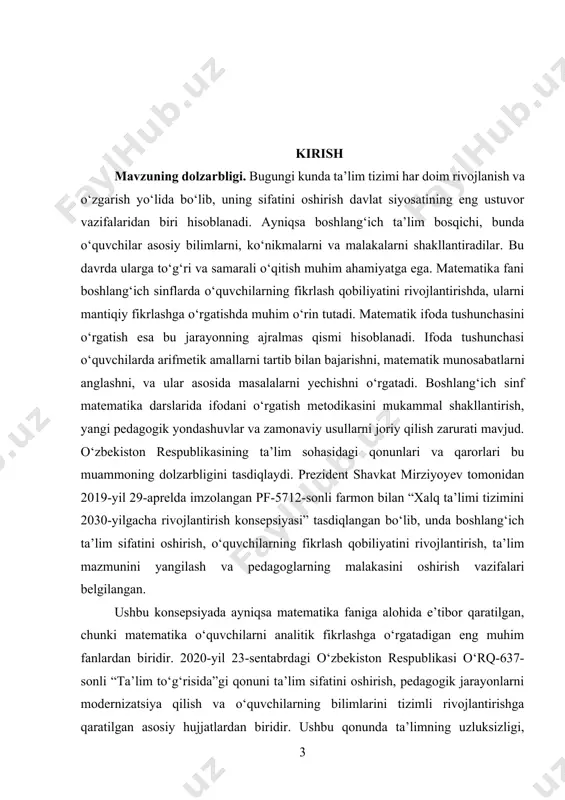 7-yil 6-apreldagi 187-sonli qarori bilan tasdiqlangan davlat ta’lim standartlarida esa boshlang‘ich ta’limda matematik bilimlarni chuqurlashtirish, o‘quvchilarning mantiqiy fikrlash va amaliy ko‘nikmalarini shakllantirish uchun maxsus metodik ko‘rsatmalar berilgan. boshlang‘ich sinf matematika darslarida ifoda tushunchasini o‘rgatish metodikasini o‘rganish, uni takomillashtirish va zamonaviy pedagogik yondashuvlar asosida ishlab chiqish muhim ahamiyatga ega. o‘quvchilarning fikrlash qobiliyatini rivojlantirishda ifoda tushunchasi ularni matematik mantiqqa, tizimli fikrlashga yo‘naltiruvchi asosiy vosita hisoblanadi. ifodalarni to‘g‘ri tushunish va yaratish orqali ular matematik munosabatlarni, tenglamalar va tengsizliklarni yaxshiroq anglashadi. bu esa kelajakda yanada murakkab matematik bilimlarni o‘zlashtirishga mustahkam poydevor bo‘ladi. bundan tashqari, ifoda tushunchasini o‘rgatish o‘quvchilarda matematik tilli fikrlashni rivojlantiradi, bu esa nafaqat matematika fanida balki boshqa fanlarda ham samarali o‘qish uchun zarur. shuningdek, matematik ifoda o‘quvchilarga kundalik hayotdagi masalalarni yechishda mantiqiy yondashuvni shakllantirishga yordam beradi. bugungi kunda pedagogik jarayonlarda innovatsion texnologiyalar va interaktiv metodlarni qo‘llash ta’lim sifatini oshirishda muhim rol o‘ynamoqda. shu bois, ifoda tushunchasini o‘rgatishda zamonaviy metodikalar, masalan, o‘yinlar, vizual …