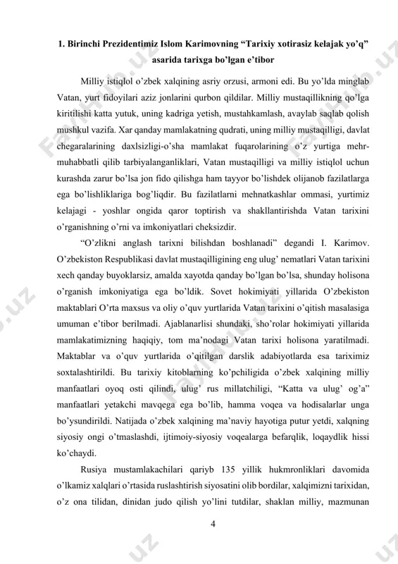 va oliy o’quv yurtlarida vatan tarixini o’qitish masalasiga umuman e’tibor berilmadi. ajablanarlisi shundaki, sho’rolar hokimiyati yillarida mamlakatimizning haqiqiy, tom ma’nodagi vatan tarixi holisona yaratilmadi. maktablar va o’quv yurtlarida o’qitilgan darslik adabiyotlarda esa tariximiz soxtalashtirildi. bu tarixiy kitoblarning ko’pchiligida o’zbek xalqining milliy manfaatlari oyoq osti qilindi, ulug’ rus millatchiligi, “katta va ulug’ og’a” manfaatlari yetakchi mavqega ega bo’lib, hamma voqea va hodisalarlar unga bo’ysundirildi. natijada o’zbek xalqining ma’naviy hayotiga putur yetdi, xalqning siyosiy ongi o’tmaslashdi, ijtimoiy-siyosiy voqealarga befarqlik, loqaydlik hissi ko’chaydi. rusiya mustamlakachilari qariyb 135 yillik hukmronliklari davomida o’lkamiz xalqlari o’rtasida ruslashtirish siyosatini olib bordilar, xalqimizni tarixidan, o’z ona tilidan, dinidan judo qilish yo’lini tutdilar, shaklan milliy, mazmunan sotsialistik madaniyat bayrog’i ostida milliy urf-odatlarimiz, ahloq-odob va madaniyatimizga xuruj qildilar. o’zbekistonni markazning xom – ashyo yetkazib beruvchi bazasiga aylantirdilar, kommunistik partiya bunday siyosatni sssr hududida yashovchi barcha jumhuriyatda va sotsialistik hamdo’stlik mamlakatlarida yurgizgan.[footnoteref:2] kommunistik partiyaning yurgizgan ulug’ davlatchilik mafkuraviy siyosati xalqimiz va …