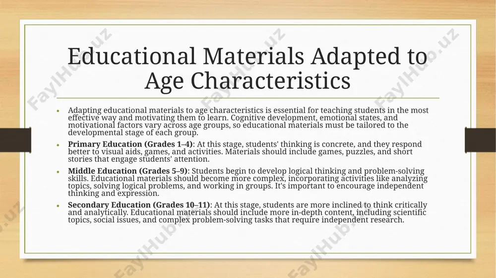 elopment. for young children, educational materials should be concrete and hands-on, while older children can handle more abstract thinking and problem-solving tasks. vygotsky’s sociocultural theory: vygotsky emphasized that learning occurs most effectively in a social context, where students collaborate and receive guidance from others. problem-based tasks, therefore, should encourage group work and peer interaction. integrating problem-based tasks into educational materials integrating problem-based tasks into educational materials is crucial for stimulating students' interest and encouraging active participation. problem-based tasks promote critical thinking and creativity, enabling students to apply what they have learned in real-world contexts. primary education: tasks can include visual aids, simple games, and puzzles. for example, "what animal is this?" (based on pictures). middle education: tasks can be logical problems, group discussions, or short analytical tasks. for example, “how would you solve a problem in your community?” secondary education: tasks should involve more complex social, scientific, or technical issues …