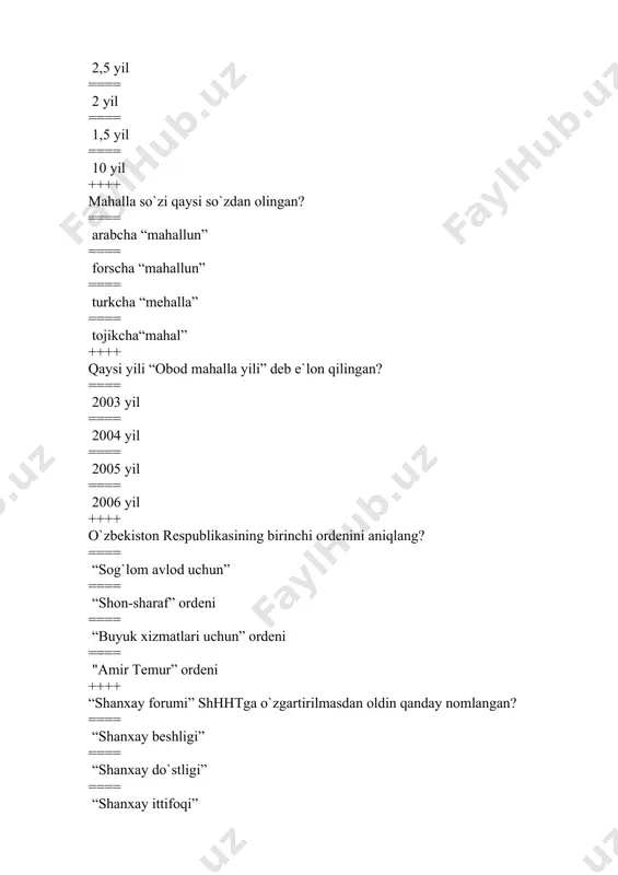 etuvchi hokimiyat ==== ijro etuvchi, sud hokimiyati ++++ 2007-yil toshkent shahriga qaysi tashkilot tomonidan “islom madaniyati poytaxti” nomi berildi? ==== aysesko ==== yunesko ==== bmt ==== qizil yarim oy jamiyati ++++ i.karimovning “o`zbekiston mustaqillikka erishish ostonasida” asari nechanchi nashrdan chiqdi? ==== 2011 yil ==== 2012 yil ==== 2010 yil ==== 2009 yil ++++ konstitutsiyaga muvofiq o`zbekiston respublikasi aholisi oldiga qanday maqsad qo`yilgan ? ==== insonparvar demokratik huquqiy davlat barpo etish ==== xususiy tadbirkorlikka tayanuvchi davlat barpo etish ==== rivojlangan kapitalistik davlat barpo etish ==== bozor iqtisodiyotiga asoslangan davlat barpo etish ++++ 2007 yil qanday nomlangan? ==== ijtimoiy himoya yili ==== oila yili ==== mehr-muruvvat yili ==== yoshlar yili ++++ o`zbekistonda qancha millat vakillari yashaydi? ==== 130 dan ortiq ==== 140 dan ortiq ==== 120 dan ortiq ==== 150 dan ortiq ++++ o`zbek modeli nechta tamoyildan iborat? ==== 5 ta ==== 4 ta ==== 6 ta ==== 3 ta ++++ “davlat …