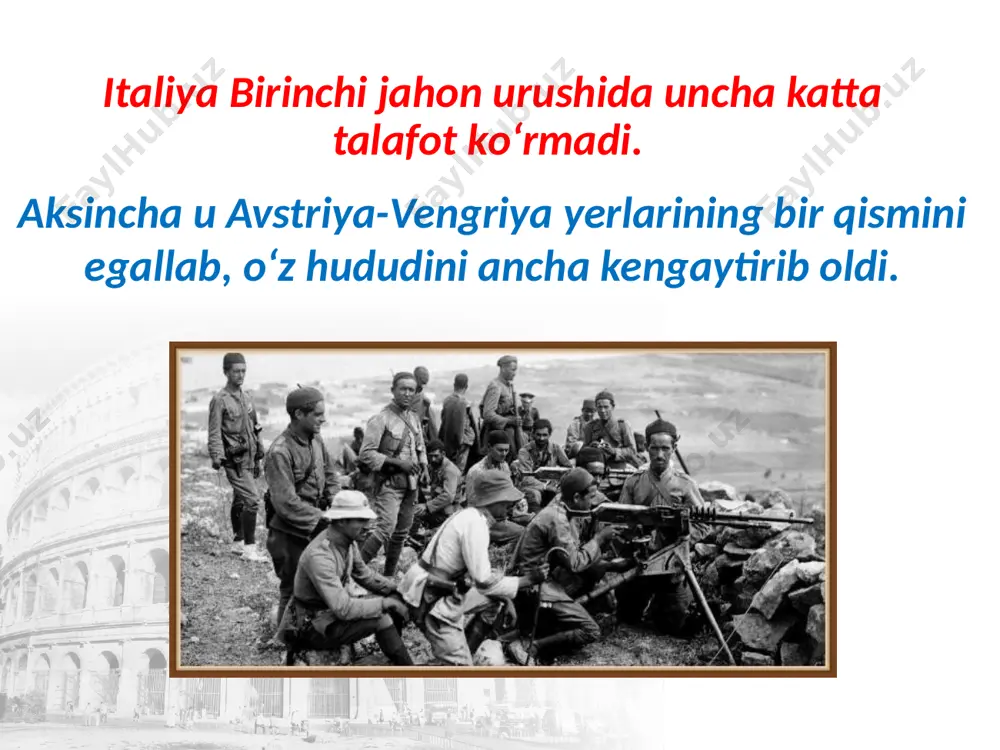 hkari fuqarolar urushi yillarida. ispaniya bo‘ylab diktatorga qarshi norozilikning kuchayishiga olib keldi. 1930-yili de rivera iste’foga chiqishga majbur bo‘ldi. ispaniya fashizmi. italiya fashistlaridan namuna olgan o‘ng partiyalar 1933-yili ispan falangasini tashkil qildi. 1936-yil 18-iyul kuni falangachilar hamma joyda harbiy to‘ntarishni boshlab yubordi. ularga qarshi xalq fronti jangga ko‘tarildi. shu tariqa ispaniyada fuqarolar urushi boshlanib ketdi. falangachilar g‘olib chiqdi va 1939-yil 1-aprelda ispaniyada general f. franko diktaturasi batamom o‘rnatildi. fransisko franko – ispaniya diktatori. ispaniyadagi fuqarolar urushi ikki yarim yil davom etdi. unda deyarli 1 mln. ispanlar halok bo‘ldi. ikkinchi jahon urushi boshlanishi bilan gitlerchilar diplomatiyasining harakatlariga qaramasdan, franko urushga kirishga shoshilmadi va 1939-yil sentabrda neytralitet haqida dekretni imzoladi. savol va topshiriqlar 1. nima uchun italiyadagi siyosiy inqiroz fashistlarning hokimiyatga kelishi bilan yakunlandi? italyan fashizmining asosiy jihatlarini ta’riflang. 2. b. mussolini haqida nimalarni bilasiz? 3. italyan fashistlarining militaristik va tajovuzkor tashqi siyosati nimalarda namoyon bo‘ldi? 4. birinchi jahon urushidan keyin ispaniyada …