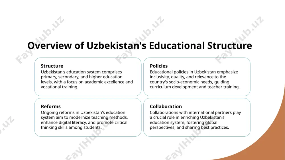 aculty training in uzbekistan's educational institutions. 3 cultural exchange programs through global partnerships, uzbek students benefit from cultural exchange programs, study abroad opportunities, and exposure to diverse teaching methodologies. enhancing educational quality through international collaboration. enhancing educational quality in uzbekistan involves fostering international collaborations. by partnering with foreign institutions, sharing best practices, and embracing diverse perspectives, uzbekistan aims to enrich its educational landscape. photo by nicholas martinelli on unsplash cross-cultural exchange in uzbekistan's educational landscape. cultural diversity exchange programs language integration uzbekistan's educational landscape thrives on cultural diversity, incorporating traditions, languages, and values into its teaching practices. cross-cultural exchange programs in uzbekistan facilitate student interactions with international peers, fostering mutual understanding and global perspectives. language integration programs in uzbekistan's education system promote multilingualism, enabling students to communicate effectively in diverse settings. implementing best practices from international education partners. 1 best practices overview implementing best practices from international partners involves adopting …